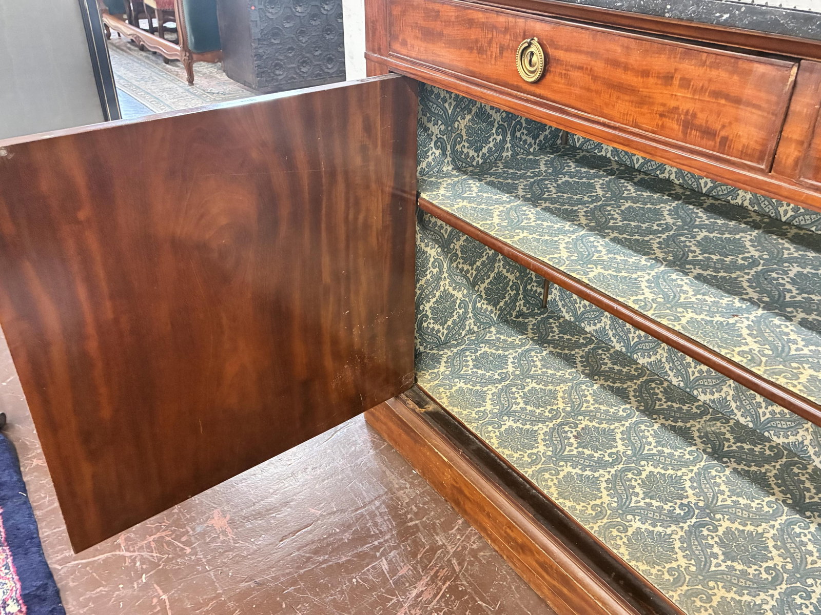 French Louis XVI Style Marble Top Walnut Sideboard, mid 19th c., H.- 38 1/2 in., W.- 64 3/4 in., D.- - 18