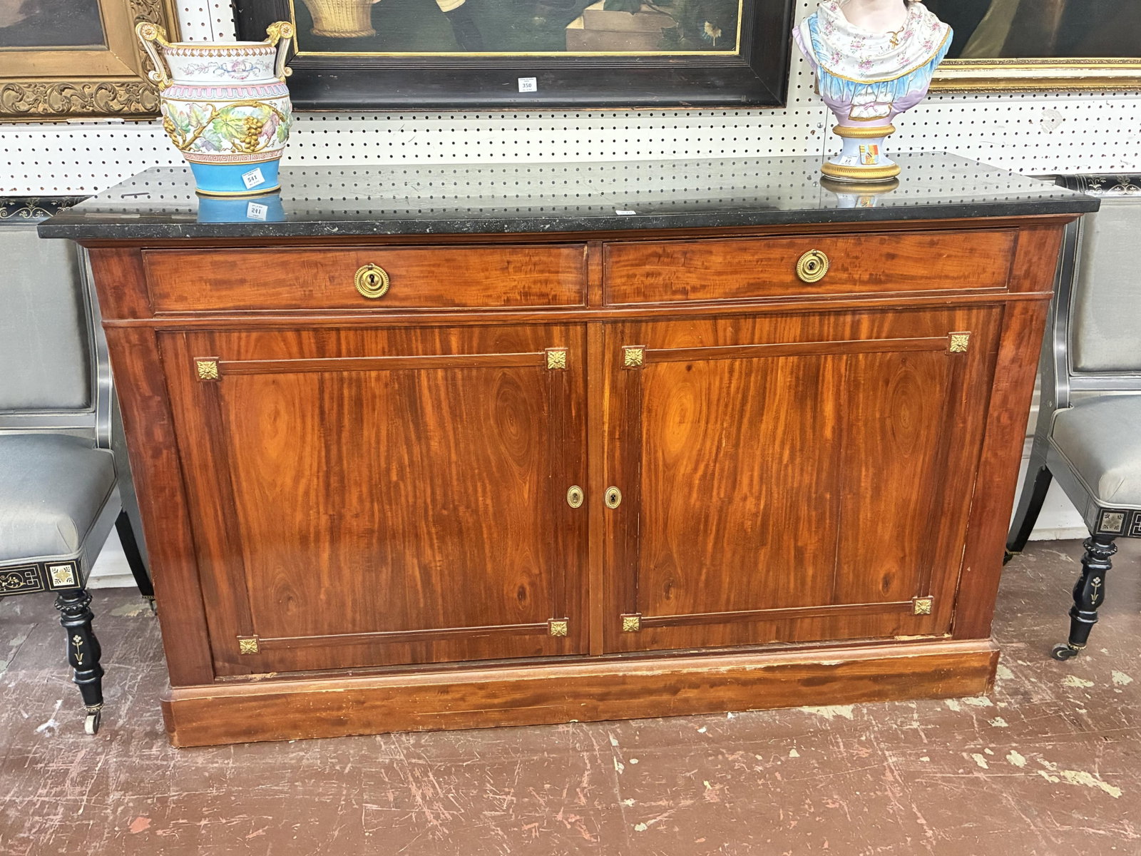 French Louis XVI Style Marble Top Walnut Sideboard, mid 19th c., H.- 38 1/2 in., W.- 64 3/4 in., D.- - 3