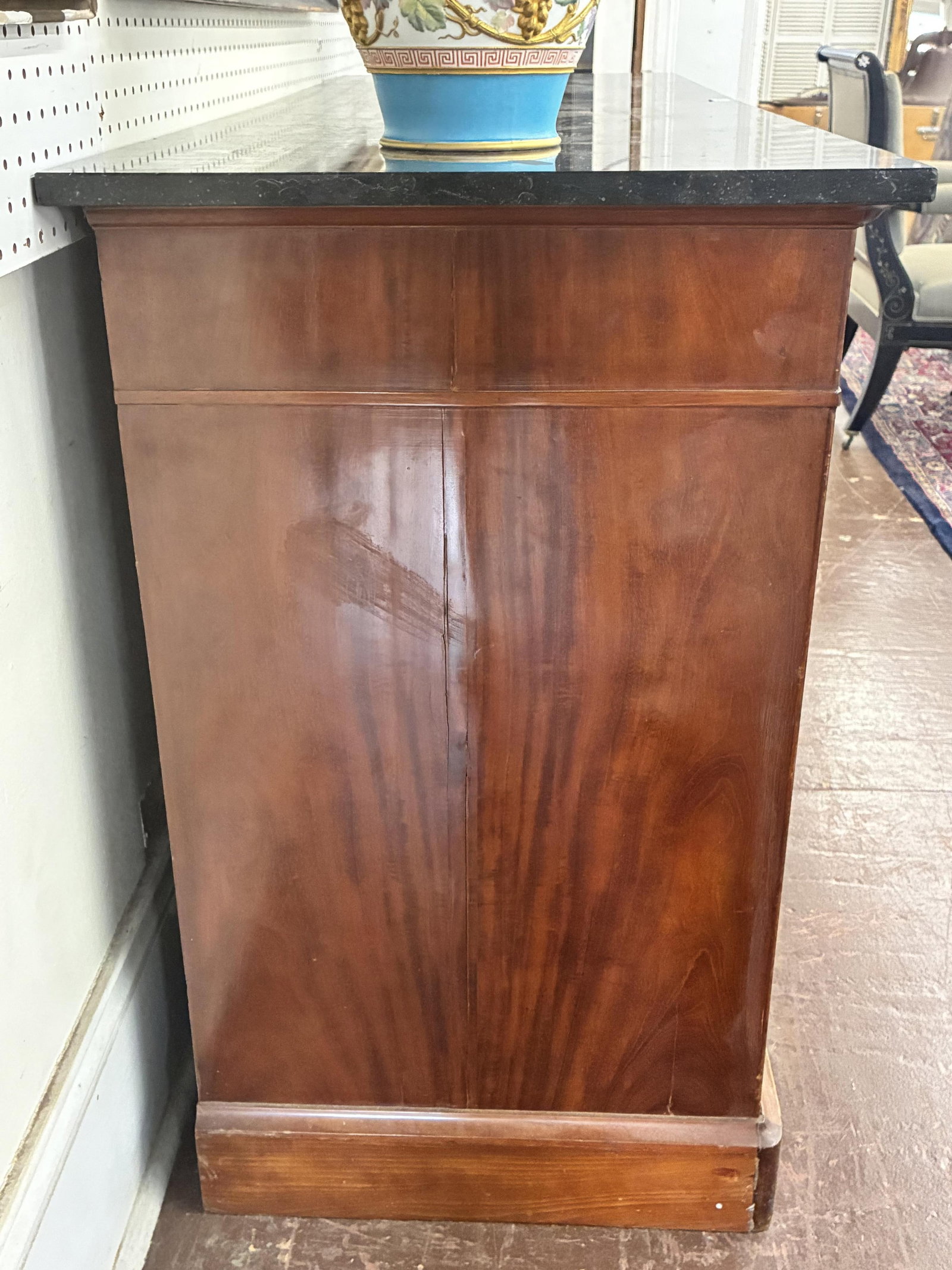 French Louis XVI Style Marble Top Walnut Sideboard, mid 19th c., H.- 38 1/2 in., W.- 64 3/4 in., D.- - 9