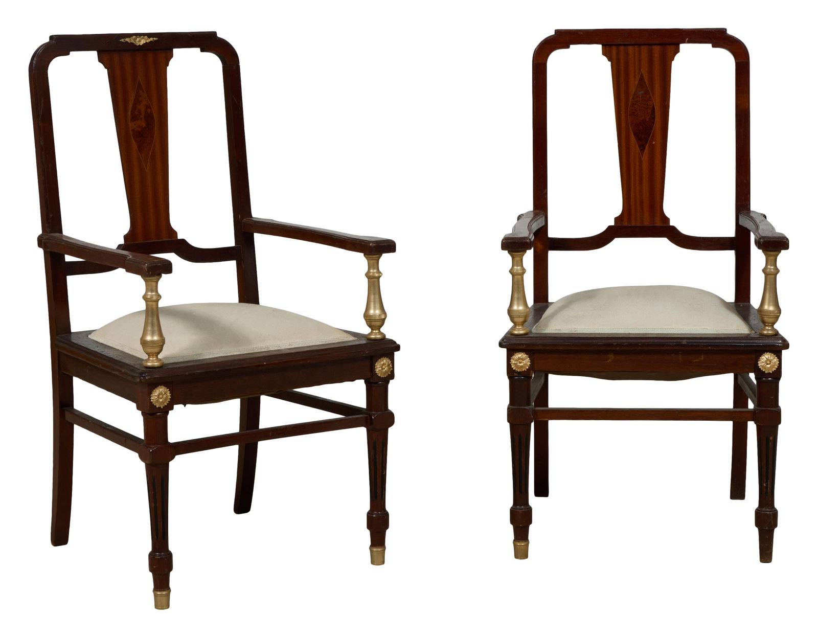 Pair of Inlaid Giltwood Arm Chairs, late 20th c., Each- H.- 42 3/4 in., W.- 23 in., D.- 21 in. (2 (1 of 2)