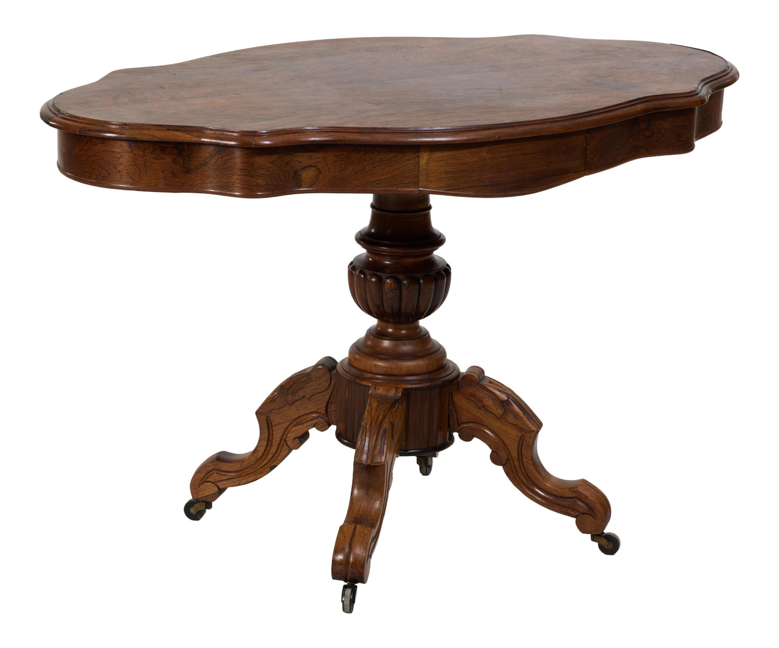 French Napoleon III Carved and Burled Walnut Center Table, late 19th c., H.- 28 1/2 in., W.- 45 in., (1 of 3)