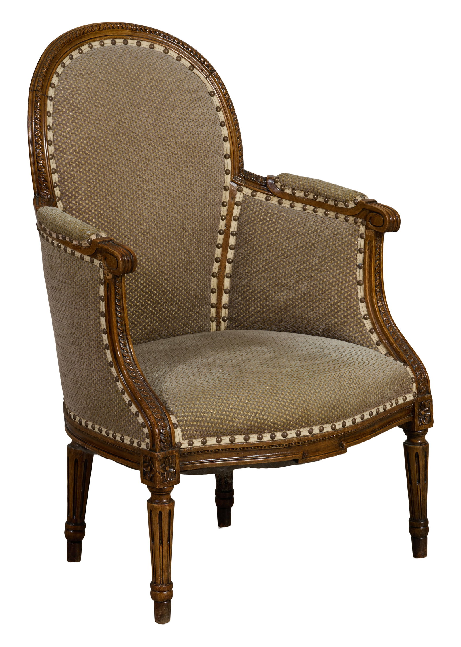 French Louis XVI Style Carved Beech Berger, mid 20th c., H.- 39 in., W.- 26 in., D.- 24 in.: French Louis XVI Style Carved Beech Berger, mid 20th c., the moulded arched back over padded scrolled arms, upholstered sides, serpentine seat rail joining rosette blocks, spool turned fluted/stop flu