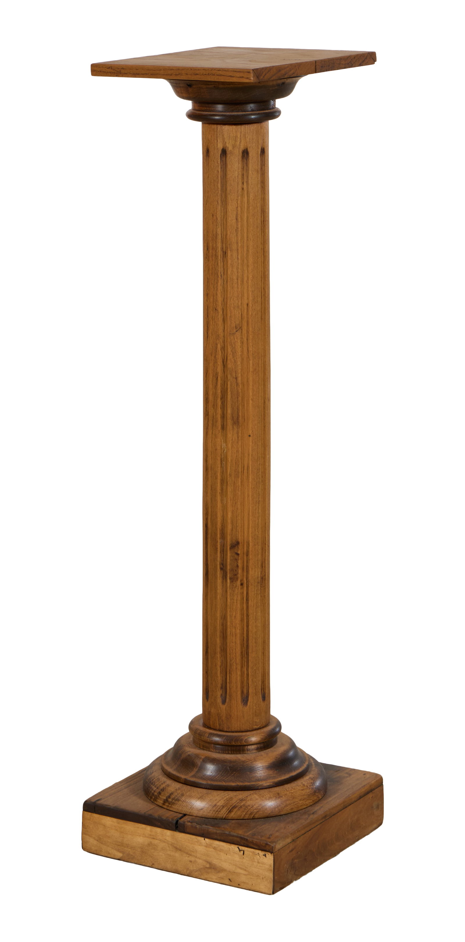 French Classical Style Walnut Pedestal, late 19th c., H.- 41 1/4 in., W.- 11 1/2 in., D.- 11 1/2 in.: French Classical Style Walnut Pedestal, late 19th c., the square top over fluted standard, on a socle base on plinth, H.- 41 1/4 in., W.- 11 1/2 in., D.- 11 1/2 in.