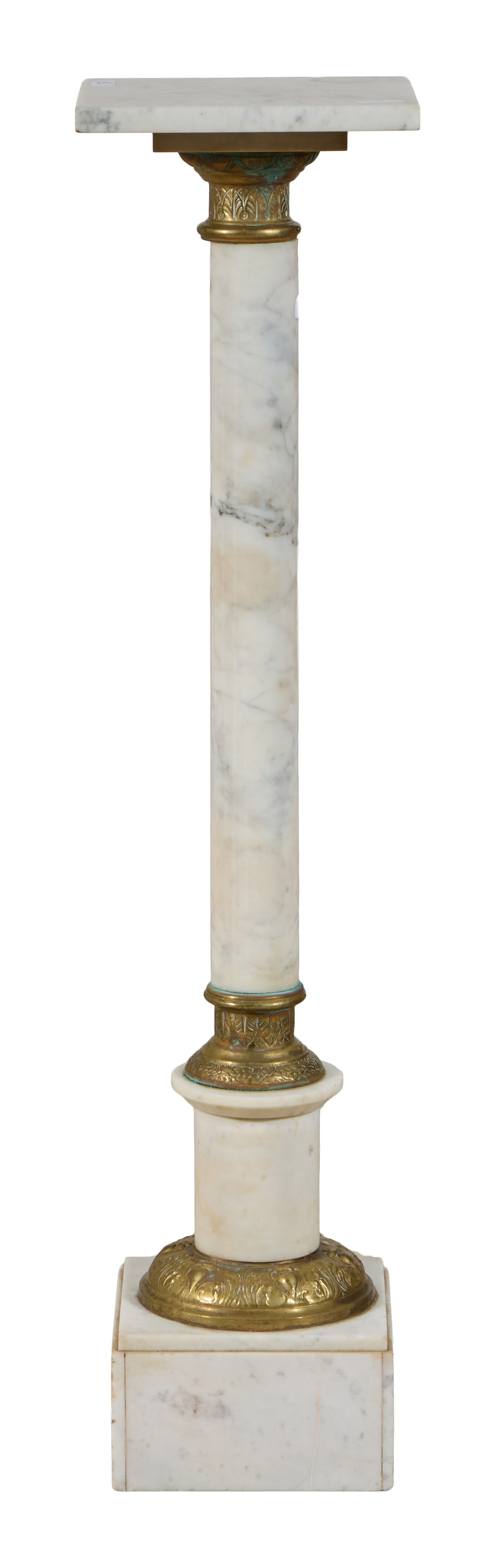 Continental Brass Mounted Marble Pedestal, 21st c., H.- 43 1/2 in., W.- 10 3/8 in., D.- 10 3/8 in.: Continental Brass Mounted Marble Pedestal, 21st c., the square top over brass mounted marble standard, cylinder base on plinth, H.- 43 1/2 in., W.- 10 3/8 in., D.- 10 3/8 in.