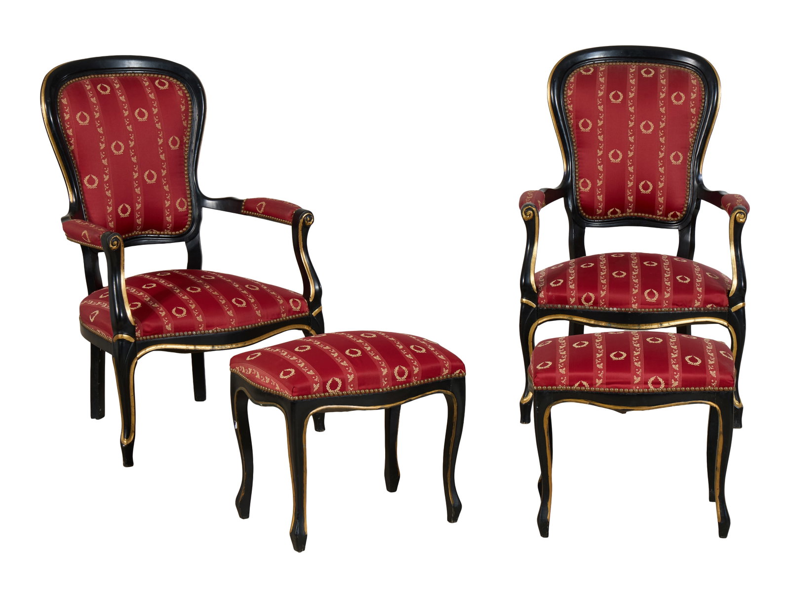 Pair of French Louis XV Style Ebonized and Gilt Fauteuils with Stools, early 20th c., Fauteuil- H.-: Pair of French Louis XV Style Ebonized and Gilt Fauteuils with Stools, early 20th c., the upholstered shaped moulded backs into padded arms, serpentine seat rails joining cabriole legs, conforming sto
