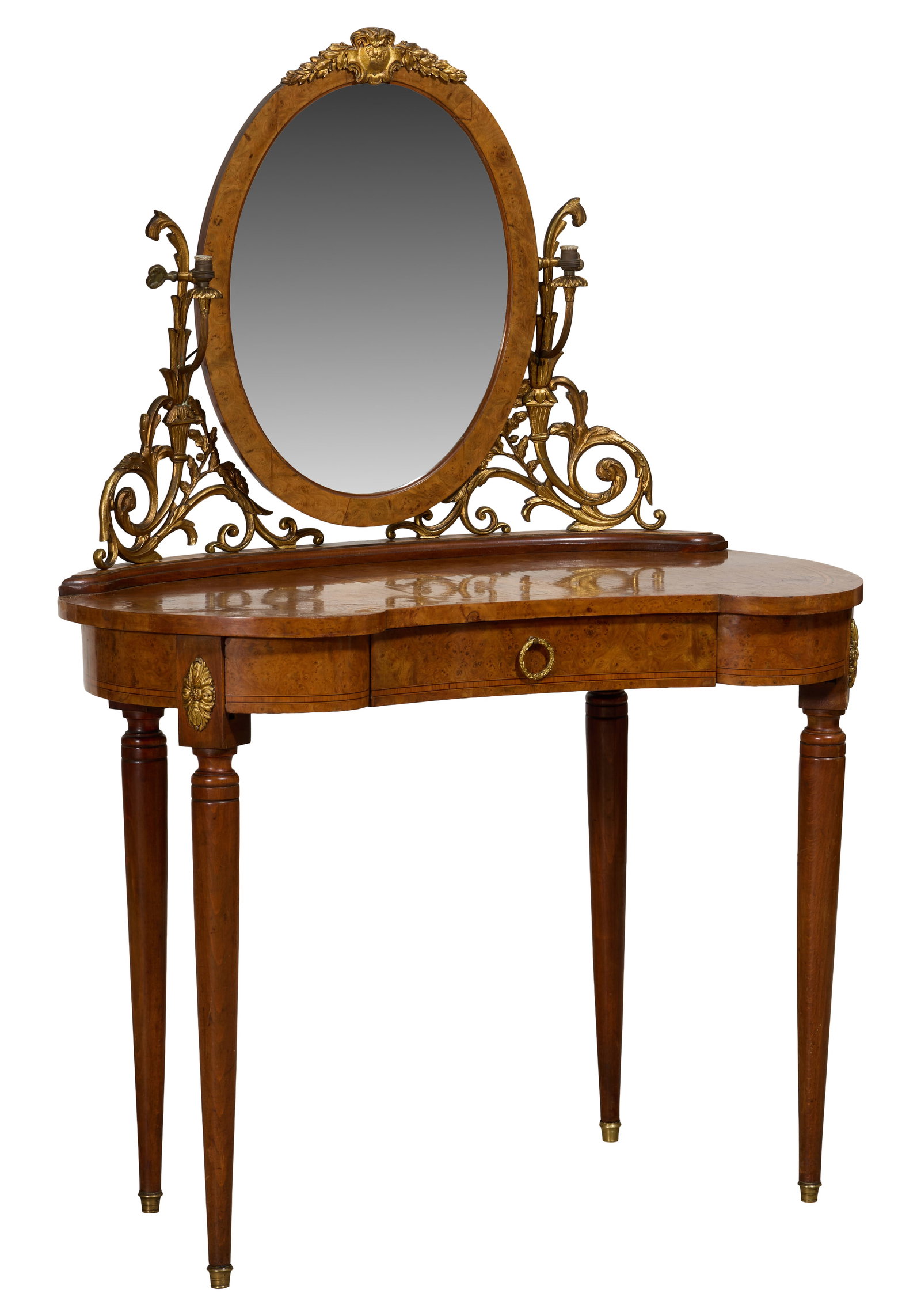 French Art Nouveau Ormolu Mounted Burled Walnut Dressing Table, early 20th c., H.- 55 in., W.- 38 (1 of 2)