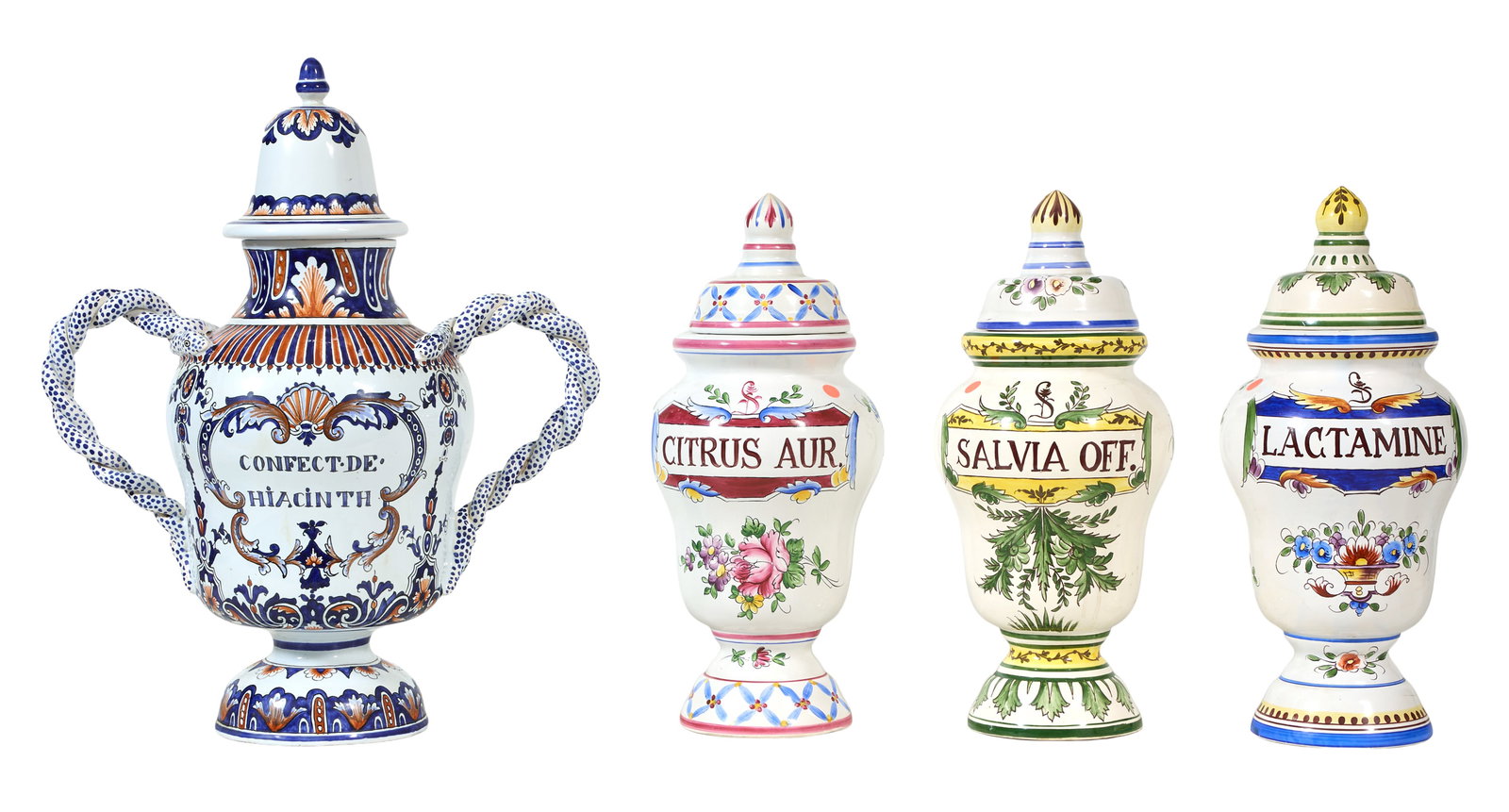 Four Earthenware Apothecary Jars, early 20th c., Tallest- H.- 18 in., W.- 14 1/2 in., D.- 9 in. (4 (1 of 6)