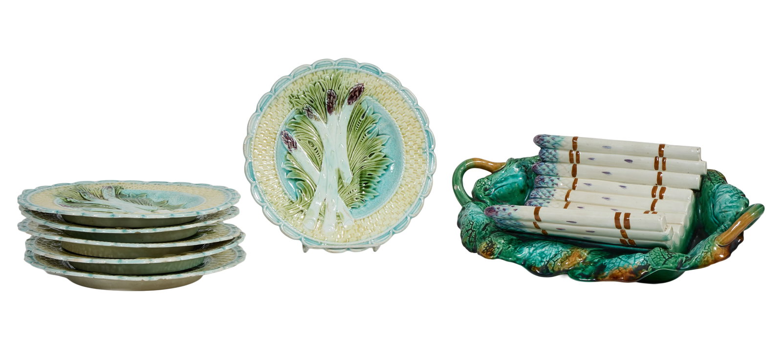 Seven Piece French Majolica Asparagus Set, 20th c., Platter- H.- 4 in., W.- 15 1/4 in., D.- 9 1/2 (1 of 4)