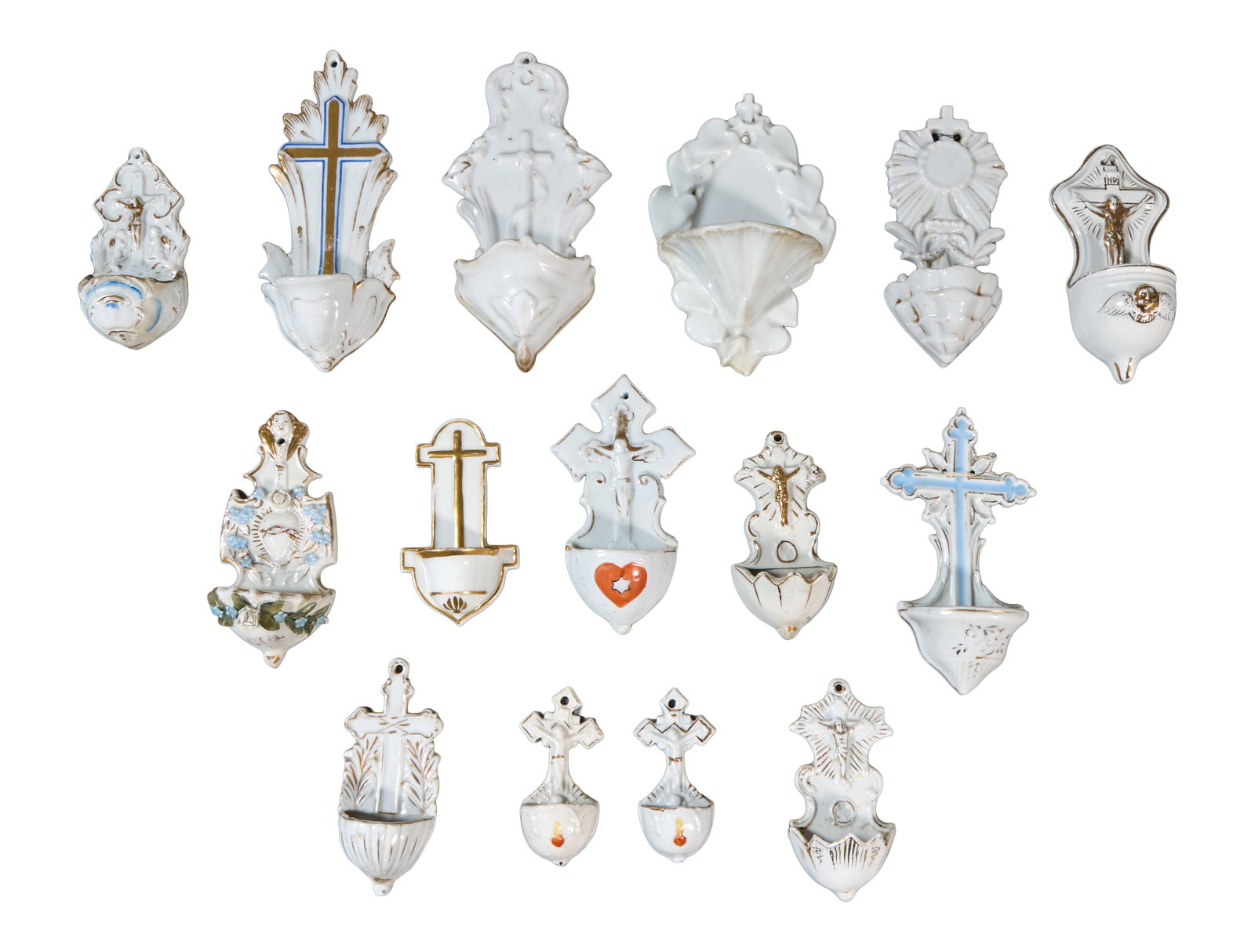 Group of Fifteen French Porcelain Holy Water Fonts, 19th/20th c., Largest- H.- 7 1/2 in., W.- 4 1/2: Group of Fifteen French Porcelain Holy Water Fonts, 19th/20th c., of varying sizes, some with gilt decoration, Largest- H.- 7 1/2 in., W.- 4 1/2 in, D.- 2 3/4 in. (15 Pcs.)