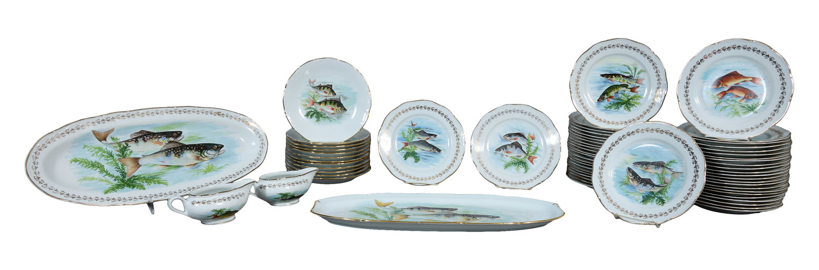 Fifty One Piece French Porcelain Fish Service, 20th c., Platter- H.- 1 1/4 in., W.- 20 7/8 in., D.-: Fifty One Piece French Porcelain Fish Service, 20th c., consisting of 48 plates, 2 sauces, and a platter, the central fish scenes with aquatic fauna, gilt rims, marked "Porcelain de France Digoin" on 