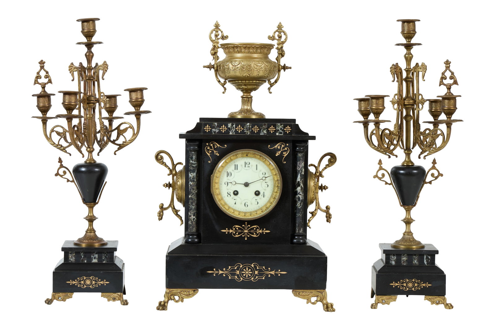 Three Piece French Napoleon III Period Black Marble Clock Garniture Set, c. 1870, Clock- H.- 20 in.,: Three Piece French Napoleon III Period Black Marble Clock Garniture Set, c. 1870, consisting of a time and strike mantel clock with a large bronze urn surmount, over a white marble dial; together with