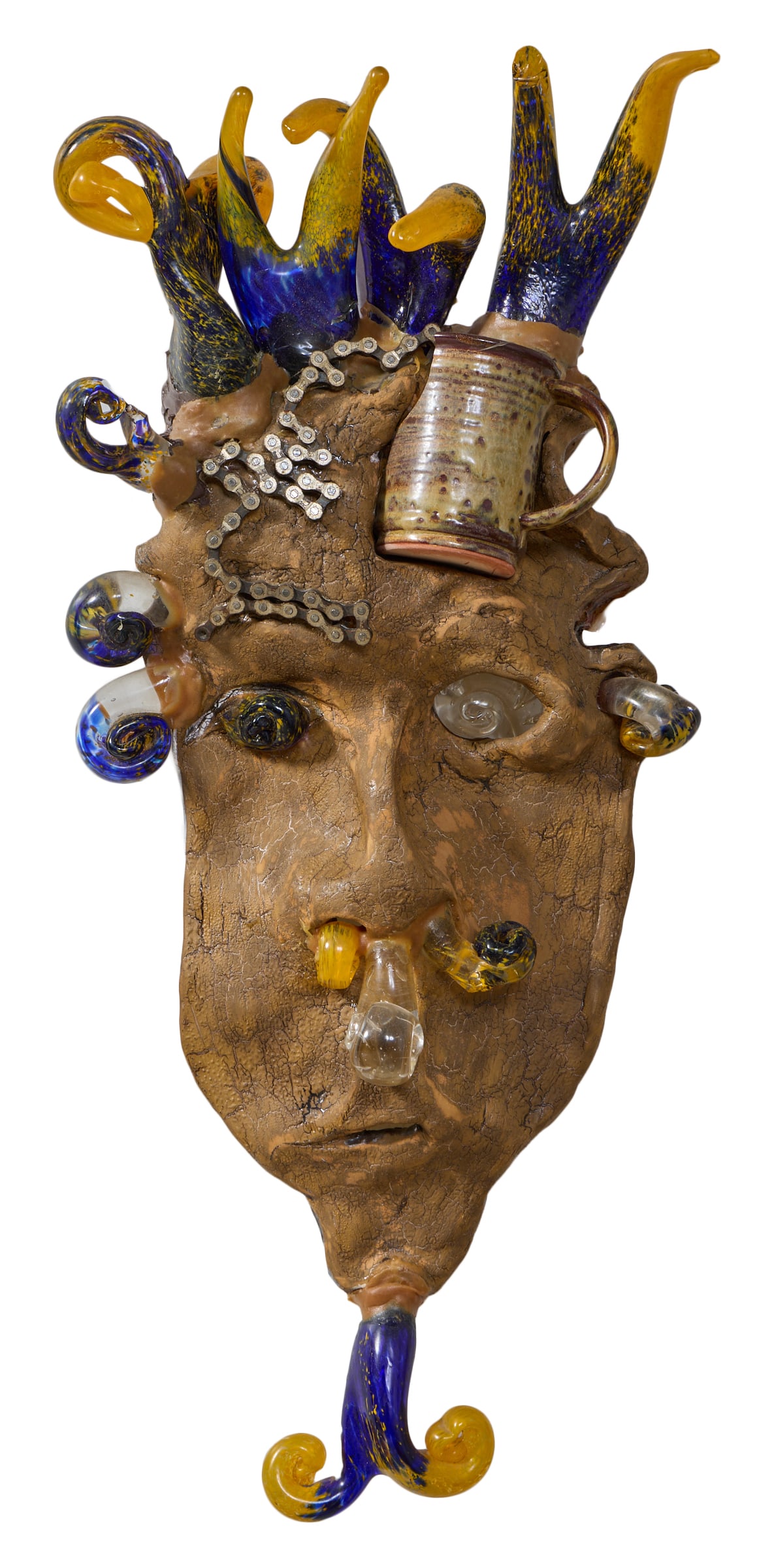 Josh Dossett (American, 20th/21st Century), "The Jester," 1998, H.- 28 1/4 in., W.- 13 in., D.- 6: Josh Dossett (American, 20th/21st Century), "The Jester," 1998, ceramic, glass and recycled bicycle chain, signed and dated en verso, H.- 28 1/4 in., W.- 13 in., D.- 6 1/2 in.