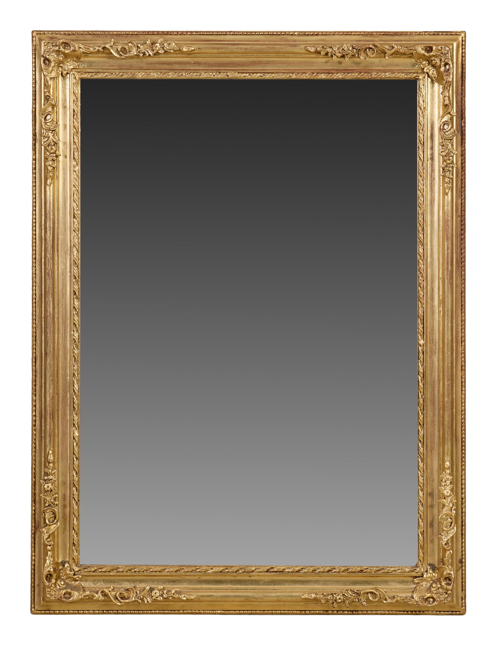 Louis XVI Style Overmantel Mirror, 21st c., H.- 47 in., W.- 35 in.: Louis XVI Style Overmantel Mirror, 21st c., the rectangular frame with beaded outer liner, foliate and floral corners, ribbon twist inner liner, H.- 47 in., W.- 35 in.