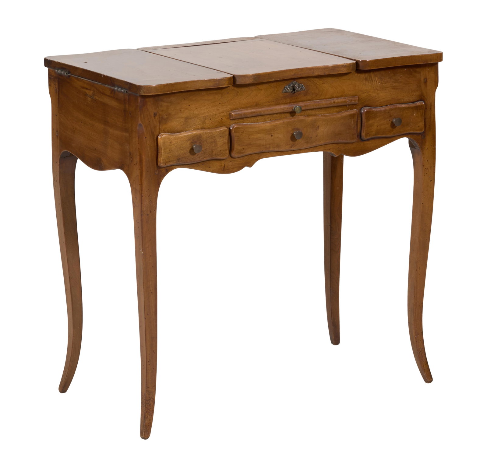 French Louis XV Style Walnut Poudreuse, early 20th c., H.- 28 1/4 in., W.- 28 in., D.- 17 in.: French Louis XV Style Walnut Poudreuse, early 20th c., the hinged fold over center and sides open to reveal a mirror and two side compartments, slide out over three drawers, spurred apron joining cabr