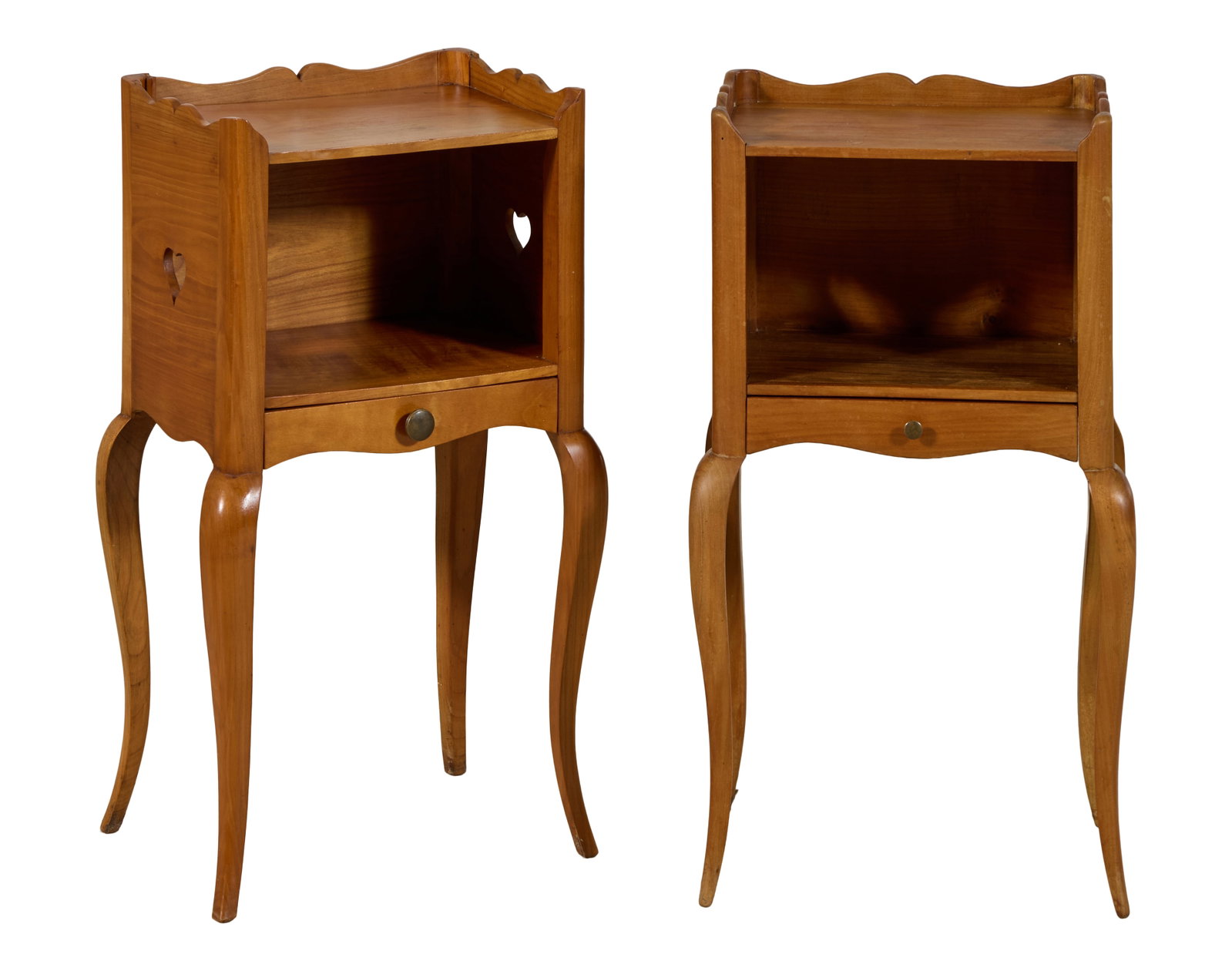 Pair of French Louis XV Style Cherry Nightstands, mid 20th c., Each- H.- 26 1/8 in., W.- 14 3/4 in.,: Pair of French Louis XV Style Cherry Nightstands, mid 20th c., the partially galleried upper shelf over open cupboard, apron drawer, cabriole legs, Each- H.- 26 1/8 in., W.- 14 3/4 in., D.- 11 in. (2 