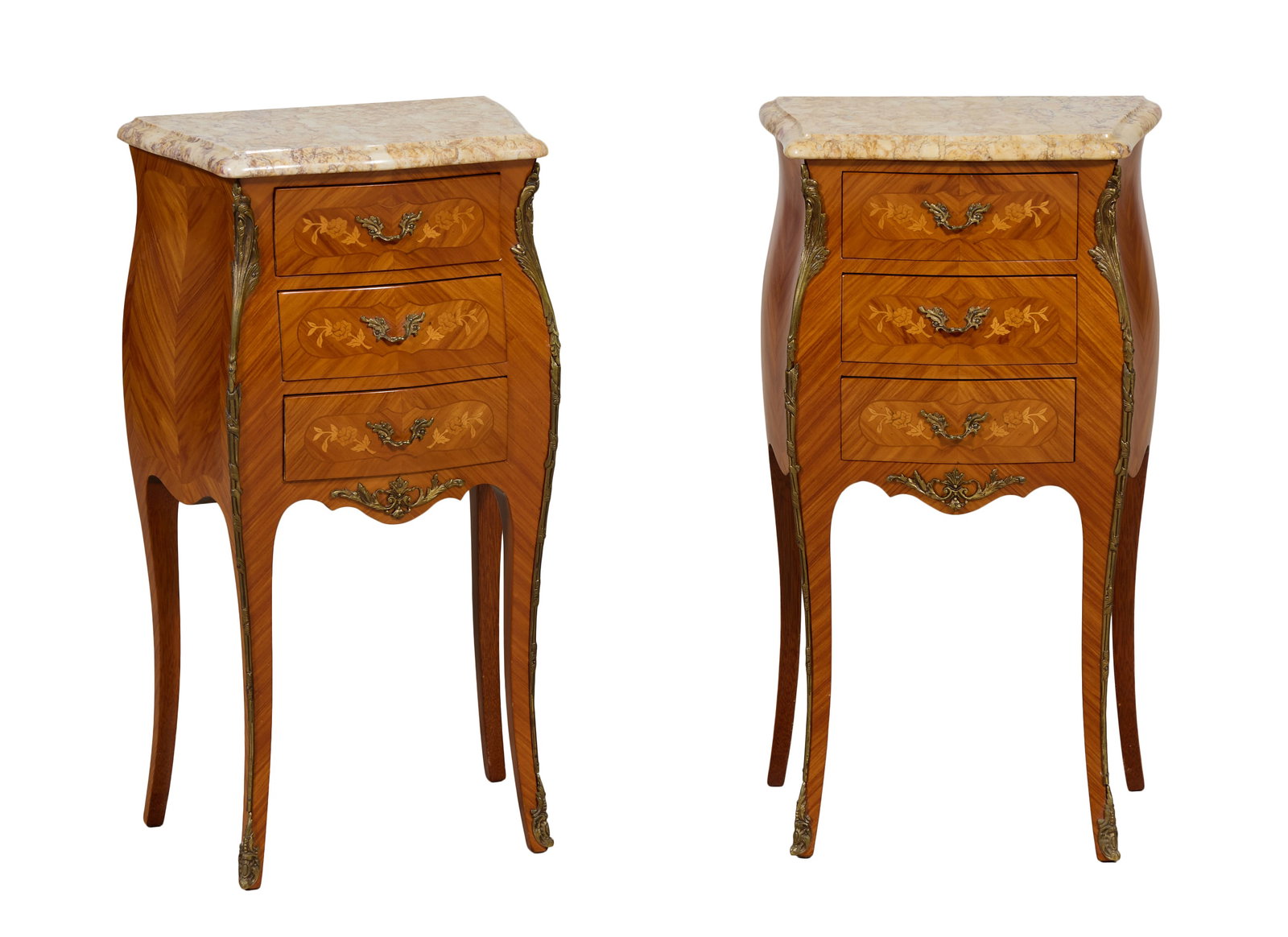 Pair of French Louis XV Style Ormolu Mounted Marble Top Marquetry Parquetry Bombe Nightstands, mid: Pair of French Louis XV Style Ormolu Mounted Marble Top Marquetry Parquetry Bombe Nightstands, mid 20th c., the shaped moulded marble tops over bombe form case with three drawers, flanked by mounted s