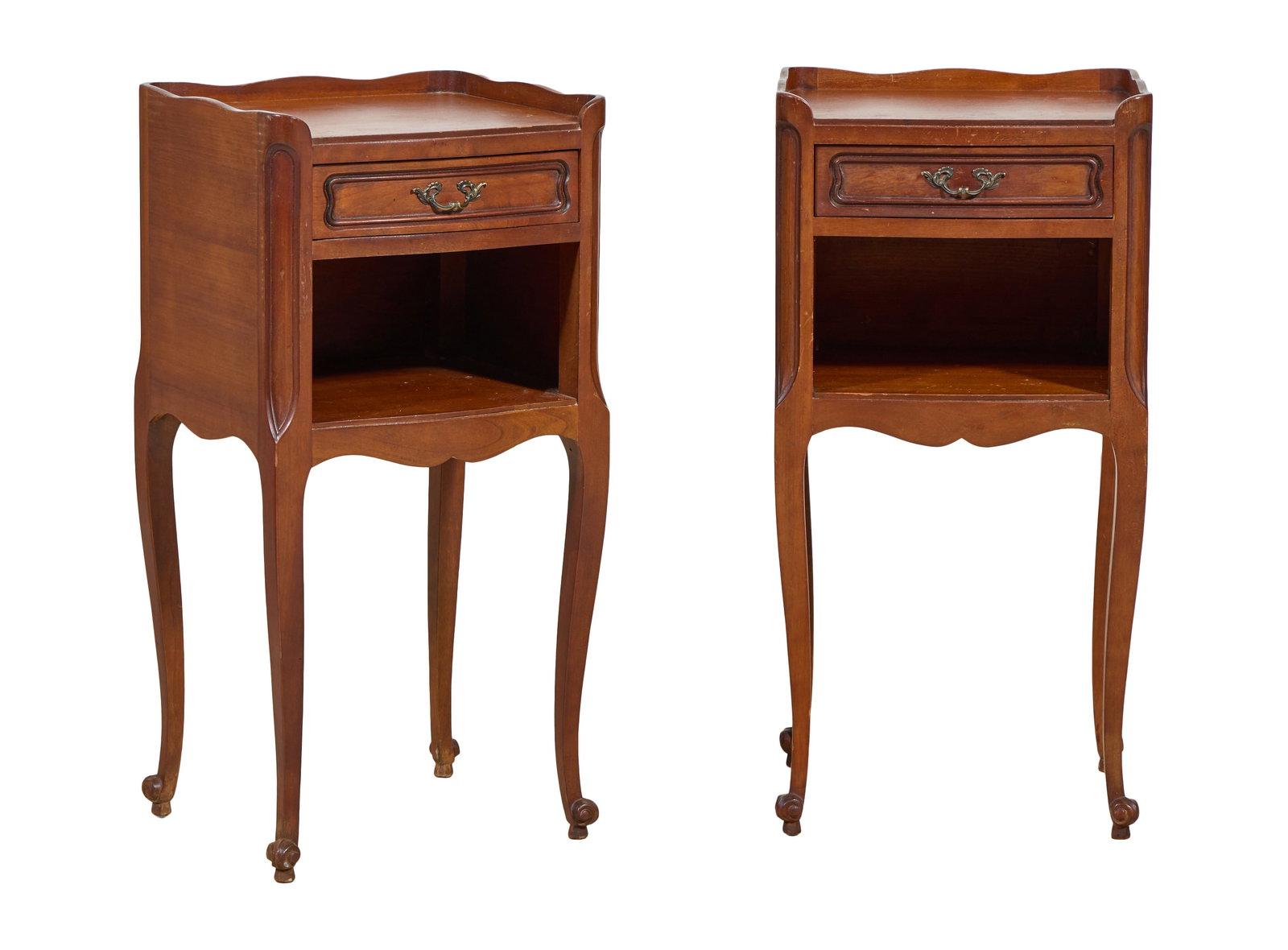 Pair of Louis XV Style Cherry Nightstands, mid 20th c., Each- H.- 28 3/4 in., W.- 14 1/4 in., D.- 12: Pair of Louis XV Style Cherry Nightstands, mid 20th c., the partially galleried top over single drawer, open cupboard, shaped apron joining cabriole raised scrolled cabriole legs, Each- H.- 28 3/4 in.