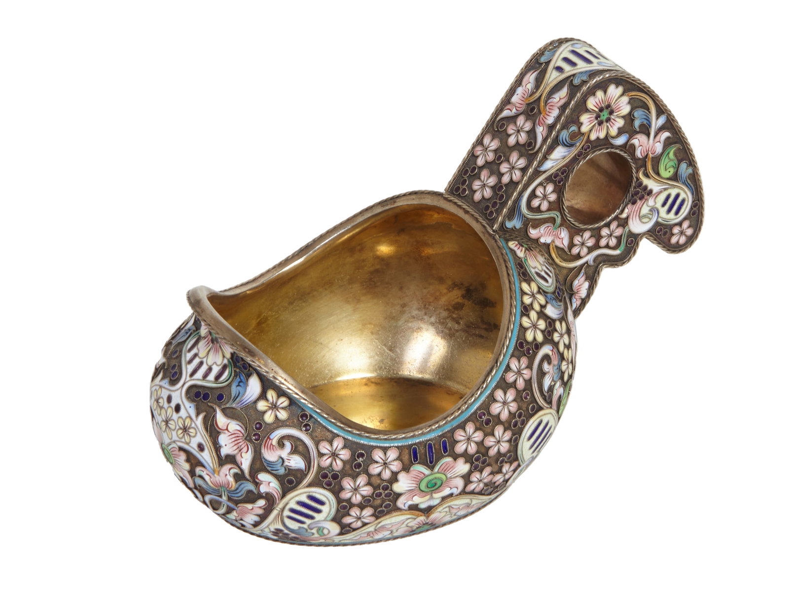 Pavel Ovchinnikov (Russian, 1830-1888), Russian Silver Gilt Shaded Enamel Kovsh, H.- 3 7/8 in., W.- (1 of 7)