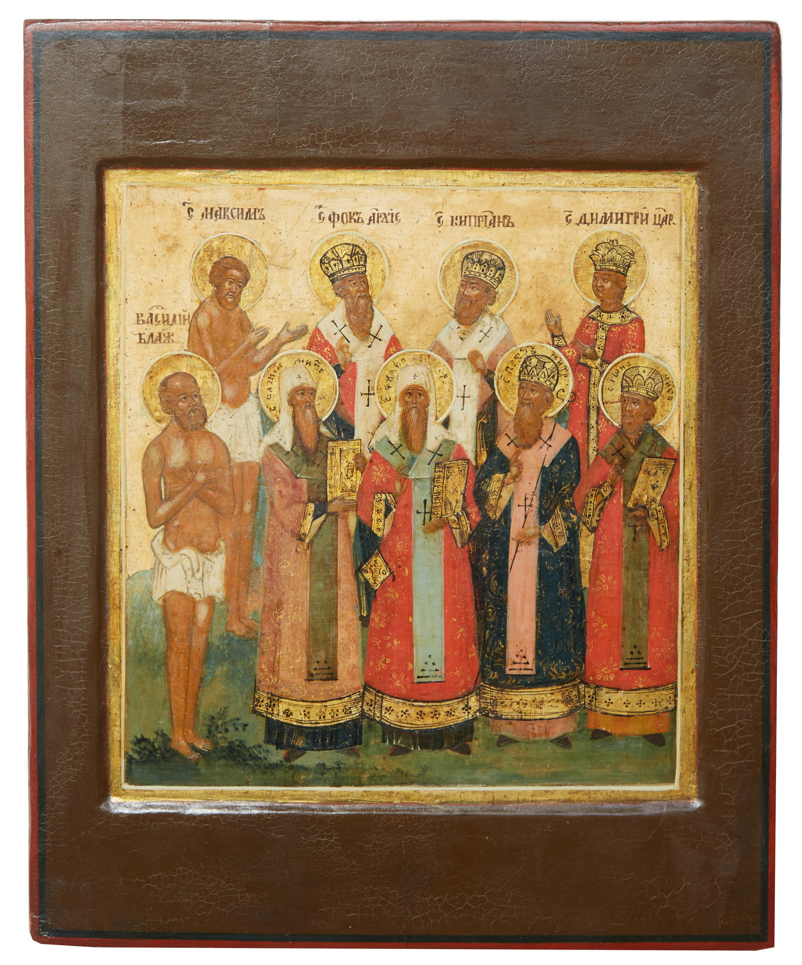Antique Russian Icon of Nine Selected Saints, 19th c., H.- 14 5/8 in., W.- 12 in. (1 of 3)