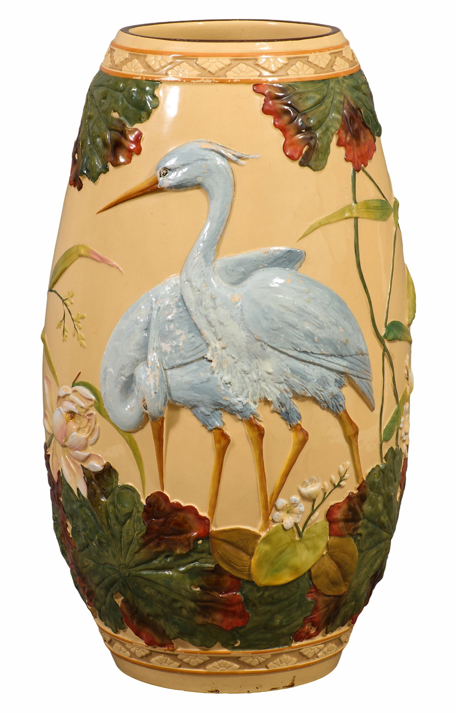 Large George Jones Majolica Baluster Vase, 20th c., H.- 25 1/2 in., Dia.- 13 1/2 in.: Large George Jones Majolica Baluster Vase, 20th c., with relief heron/white crane and floral decoration on an ocher ground, and mark on bottom, H.- 25 1/2 in., Dia.- 13 1/2 in.