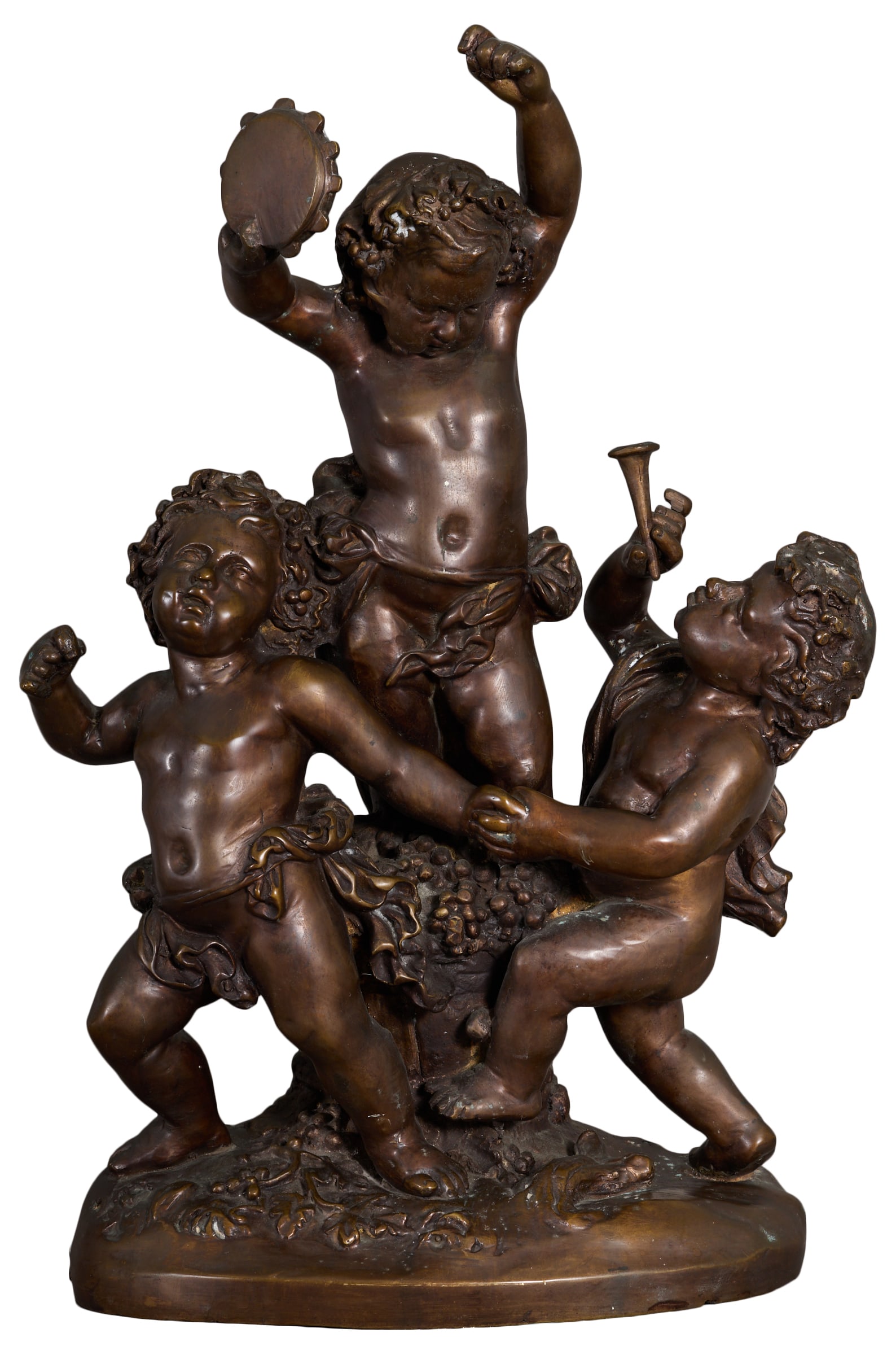 Bronze Bacchanal Figural Group, 20th c., H.- 24 1/8 in., W.- 16 in., D.- 12 1/4 in.: Bronze Bacchanal Figural Group, 20th c., the three dancing musical putti on wine barrel into naturalistic base, H.- 24 1/8 in., W.- 16 in., D.- 12 1/4 in. Provenance: Collection of Rosemary James, New