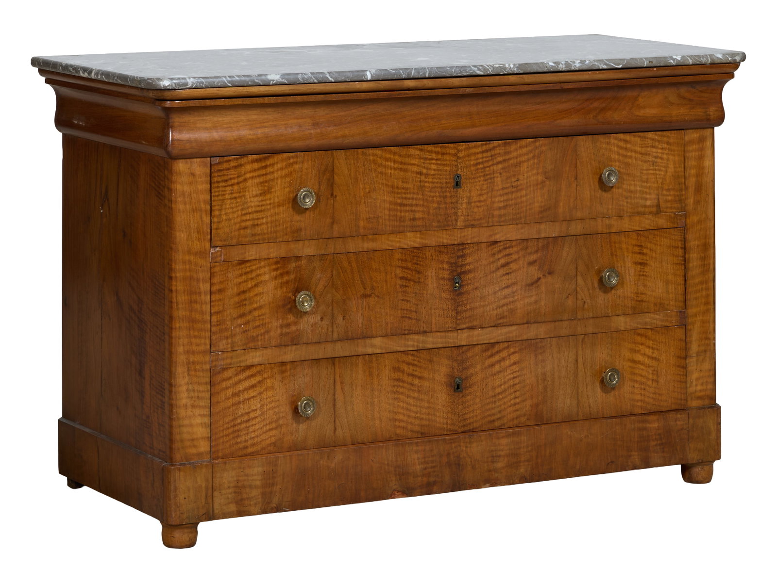 French Louis Philippe Marble Top Tigre Walnut Commode, mid 19th c., H.- 34 1/2 in., W.- 53 in., D.- (1 of 2)