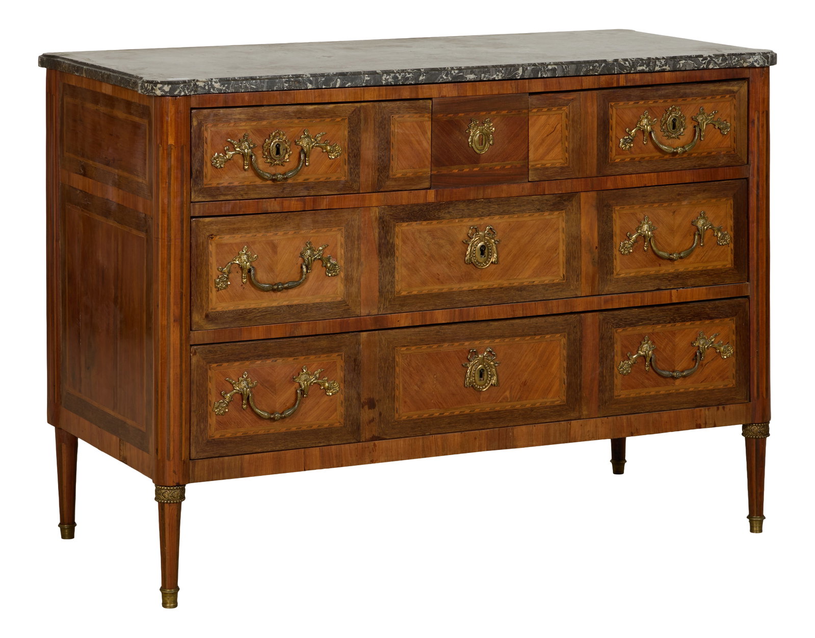 French Louis XVI Style Marble Top Parquetry Commode, mid 19th c., H.- 35 1/2 in., W.- 50 in., D.- 23 (1 of 2)