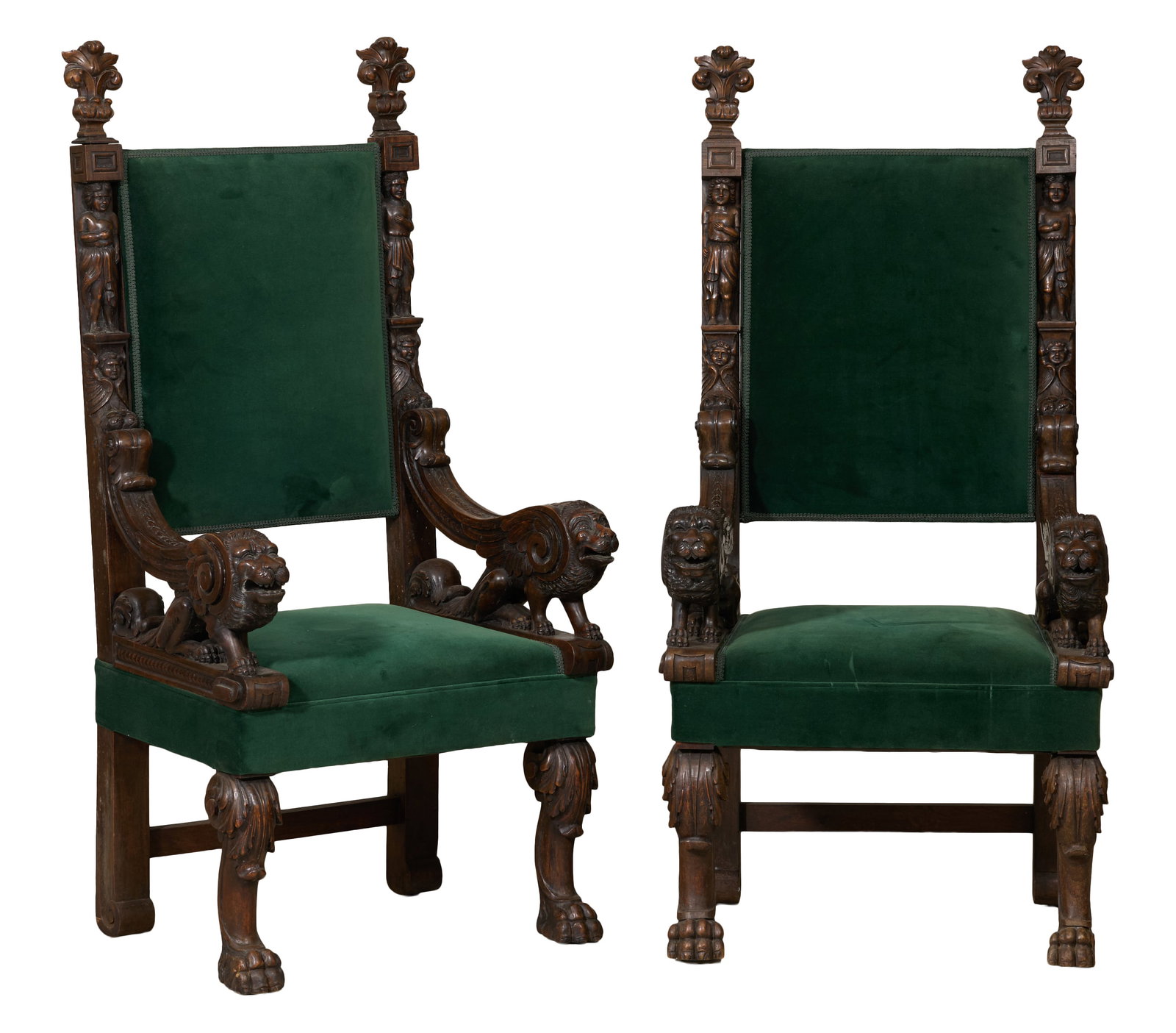Pair of French Renaissance Revival Carved Walnut Throne Chairs, late 19th c., Each- H.- 58 in., W.- (1 of 4)