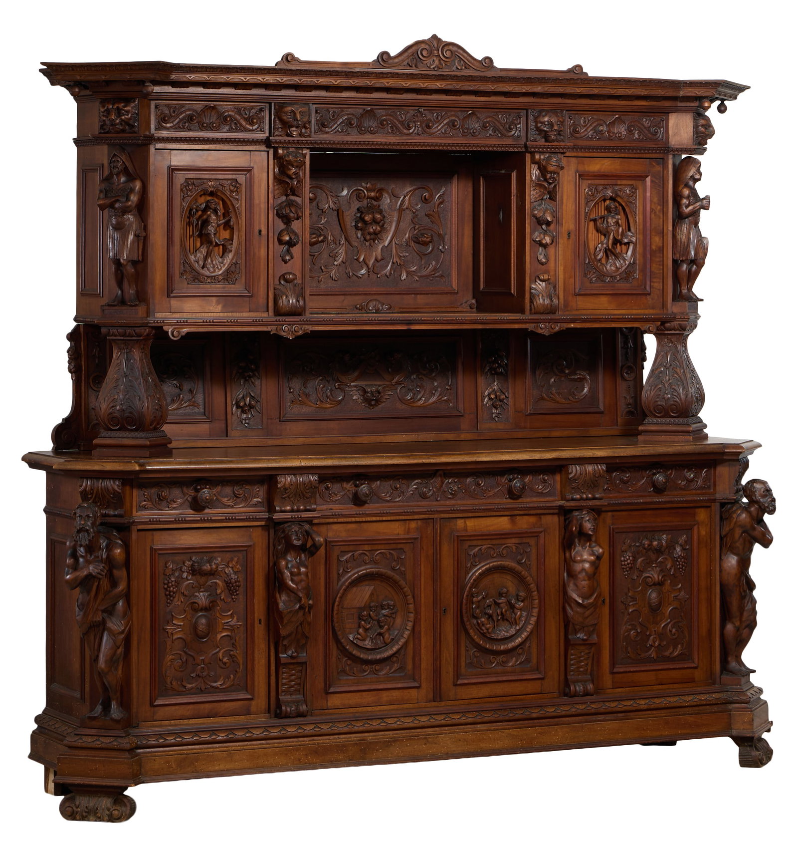 Exuberant French Renaissance Revival Highly Carved Walnut Buffet a Deux Corps, late 19th c., H.- 95 (1 of 7)