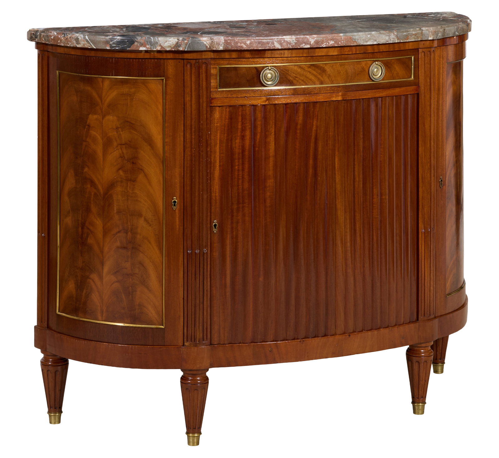 French Louis XVI Style Marble Top Walnut Demilune Sideboard, late 19th c., H.- 40 5/8 in., W.- 50 (1 of 2)