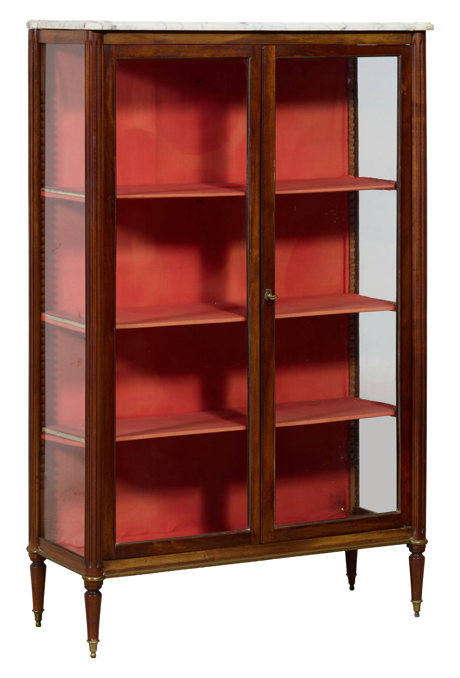 French Louis XVI Style Marble Top Walnut Vitrine, early 20th c., H.- 60 in., W.- 37 1/4 in., D.- 15 (1 of 2)