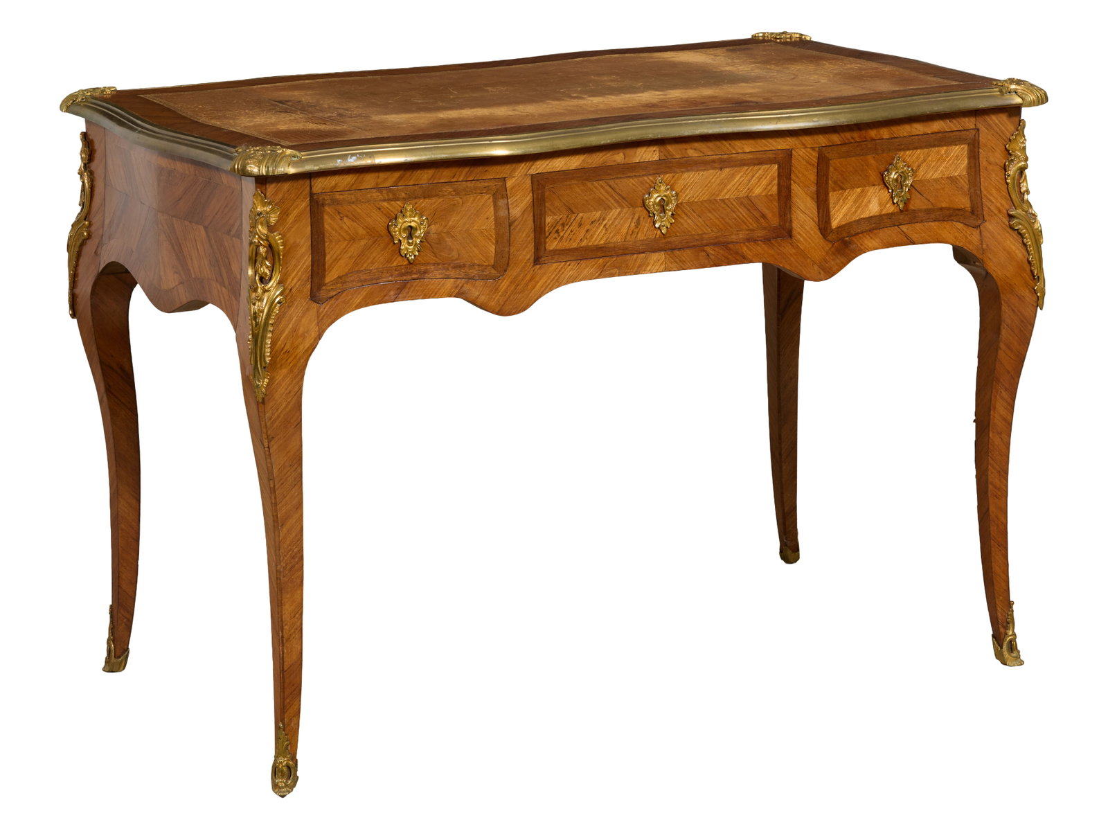 French Louis XV Style Ormolu Mounted Parquetry Desk, late 19th c., H.- 30 1/4 in., W.- 45 in., D.- (1 of 2)