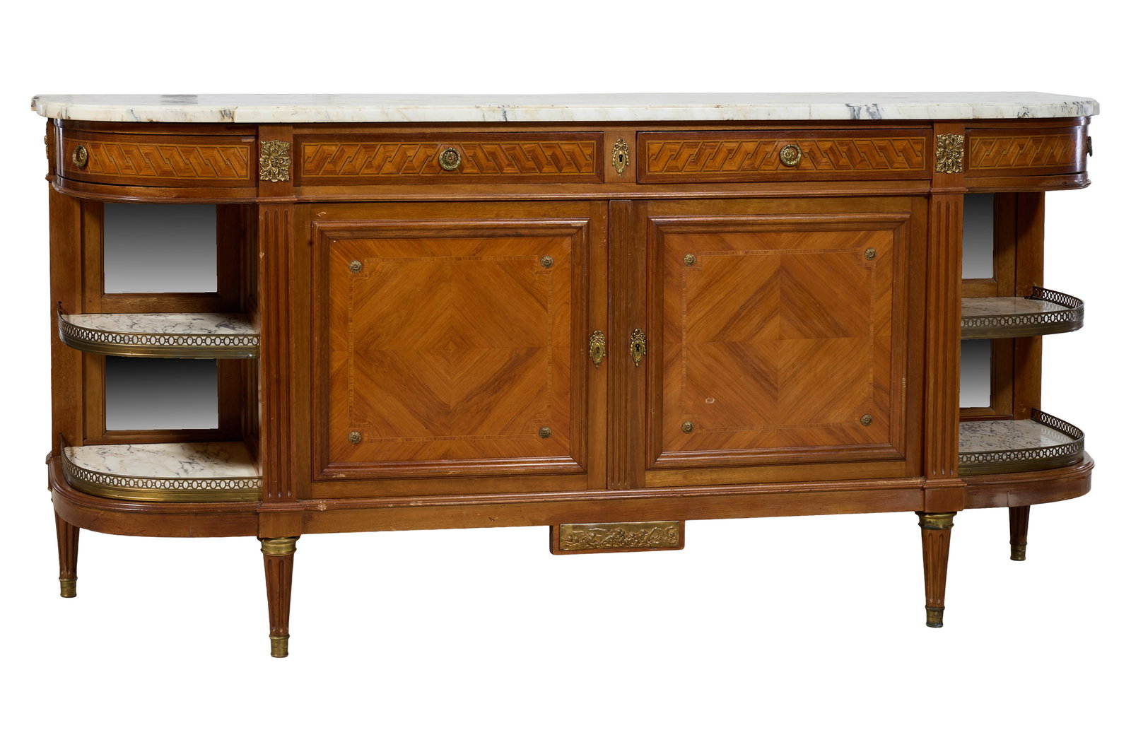 French Louis XVI Style Ormolu Mounted Marble Top Parquetry Sideboard, mid/late 20th c., H.- 41 1/2 i (1 of 4)
