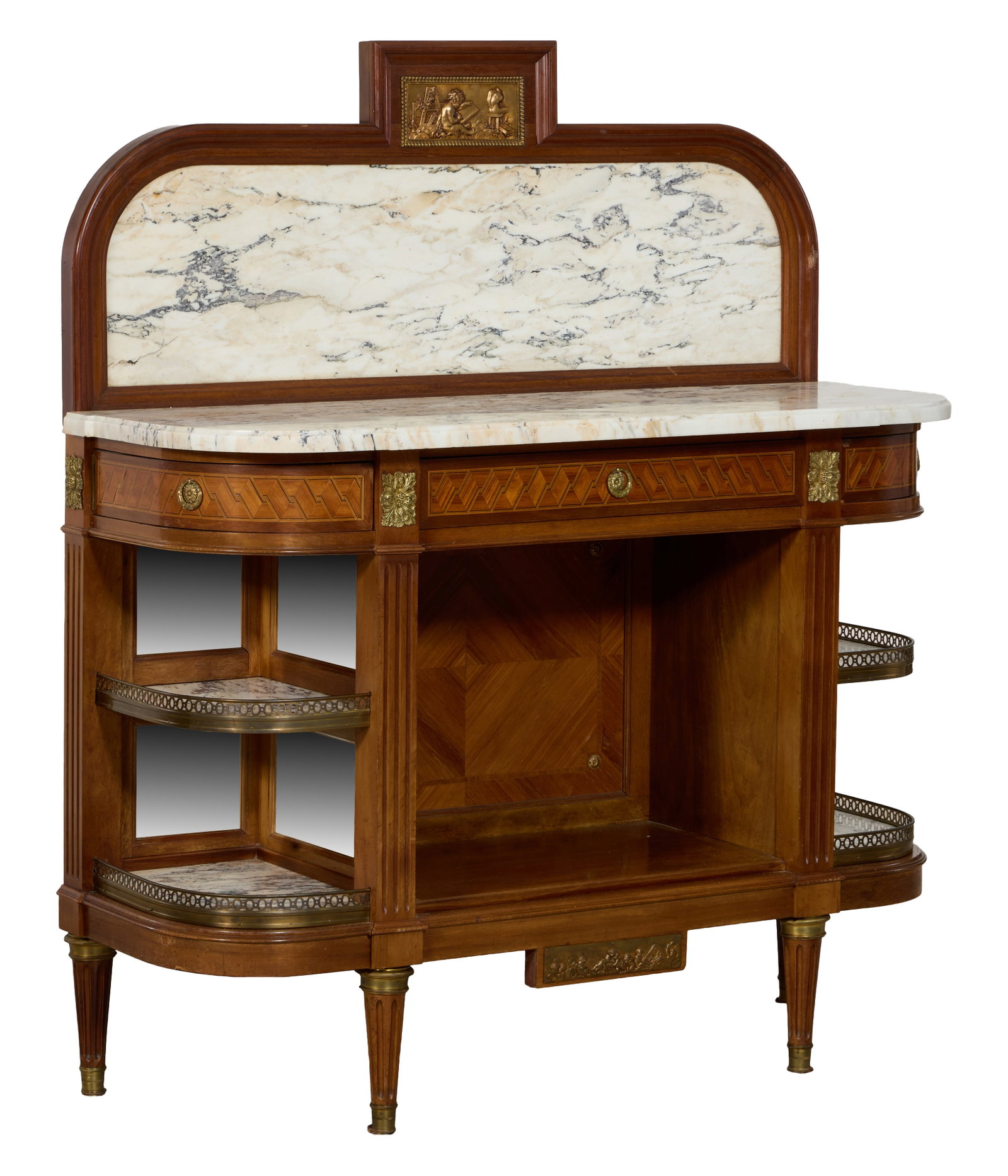French Louis XVI Ormolu Mounted Marble Parquetry Desserte, early 20th c., H.- Base- 39 3/8 in., (1 of 3)