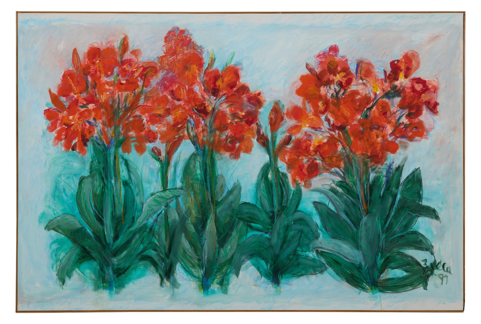 Zella Funck (American/Louisiana, 1917-2009), "Lilies, Red Flags of Greeting," 1997, H.- 48 in., W.-: Zella Funck (American/Louisiana, 1917-2009), "Lilies, Red Flags of Greeting," 1997, oil crayon on canvas, signed and dated lower right, signed and titled en verso, presented in a thin gallery wood lin