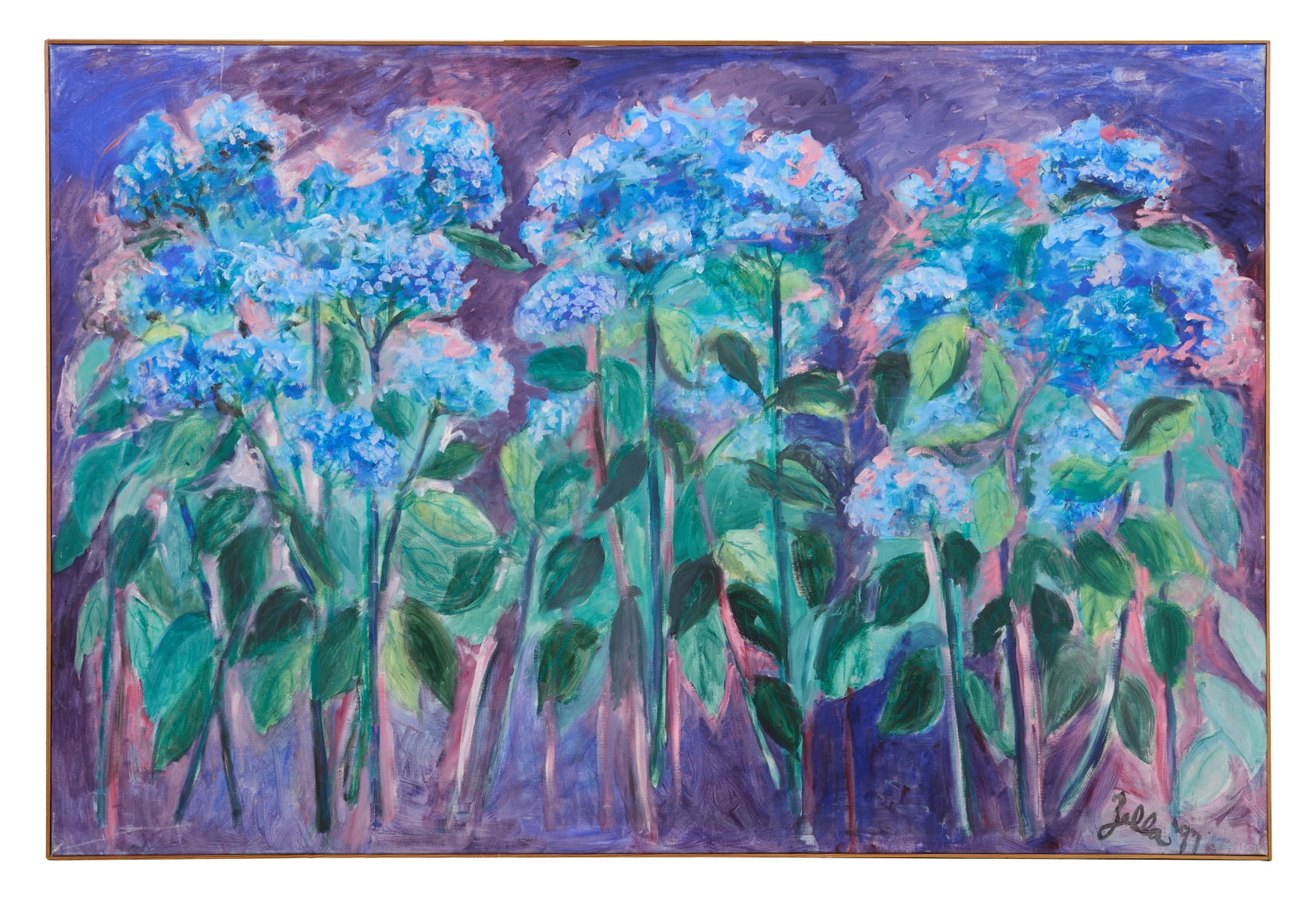 Zella Funck (American/Louisiana, 1917-2009), "Hydrangeas," 1997, H.- 48 in., W.- 72 in., Framed-: Zella Funck (American/Louisiana, 1917-2009), "Hydrangeas," 1997, oil and oil wash on canvas, signed and dated lower right, signed and titled "Hydranes" [sic] en verso, presented in a thin wood gallery