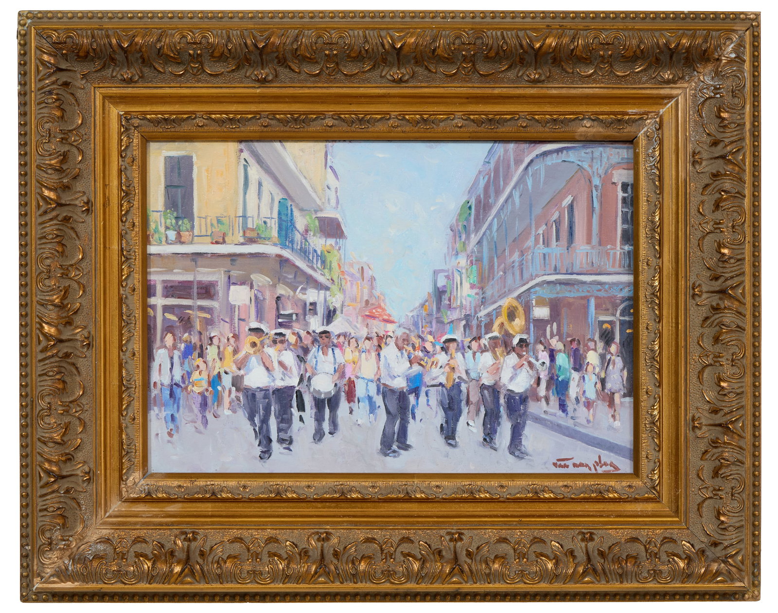 Niek van der Plas (Dutch, b. 1954), "Second Line Down the French Quarter," H.- 9 1/2 in., W.- 14: Niek van der Plas (Dutch, b. 1954), "Second Line Down the French Quarter," oil on panel, signed lower right, branded en verso, presented in a gilt frame, H.- 9 1/2 in., W.- 14 in., Framed- H- 16 1/4 i
