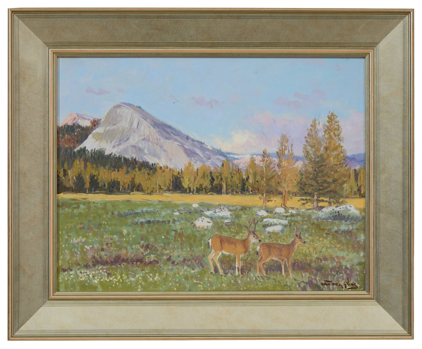 Niek van der Plas (Dutch, b. 1954), "Deer in Yosemite Park," H.- 13 in., W.- 17 in., Framed- H.- 17: Niek van der Plas (Dutch, b. 1954), "Deer in Yosemite Park," oil on wood panel, signed lower right, branded en verso, presented in a giltwood frame, H.- 13 in., W.- 17 in., Framed- H.- 17 3/4 in., W.-