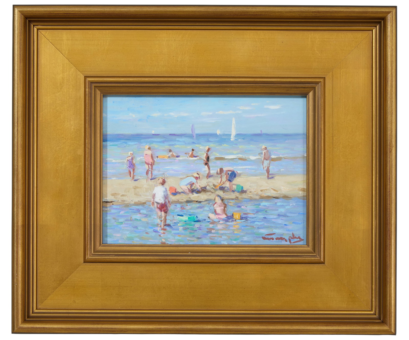 Niek van der Plas (Dutch, b. 1954), "Children Making a Sand Castle at the Beach," H.- 5 3/4 in., W.-: Niek van der Plas (Dutch, b. 1954), "Children Making a Sand Castle at the Beach," oil on panel, signed lower right, branded en verso, presented in a giltwood frame, H.- 5 3/4 in., W.- 7 3/4 in., Frame