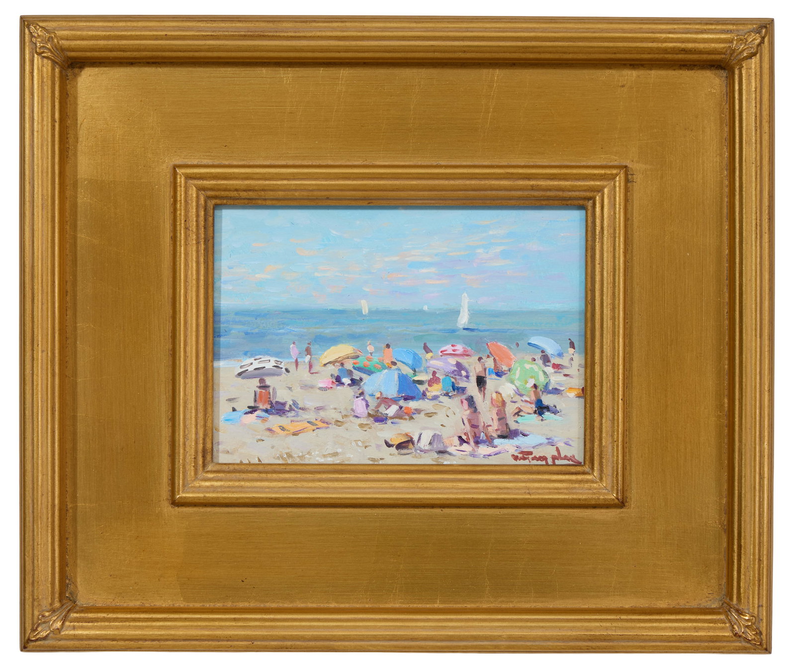 Niek van der Plas (Dutch, b. 1954), "Crowded Beach Day," H.- 5 in., W.- 7 in., Framed- H.- 11 1/8: Niek van der Plas (Dutch, b. 1954), "Crowded Beach Day," oil on panel, signed lower right, branded en verso, presented in a gilt frame, H.- 5 in., W.- 7 in., Framed- H.- 11 1/8 in., W.- 13 1/8 in.