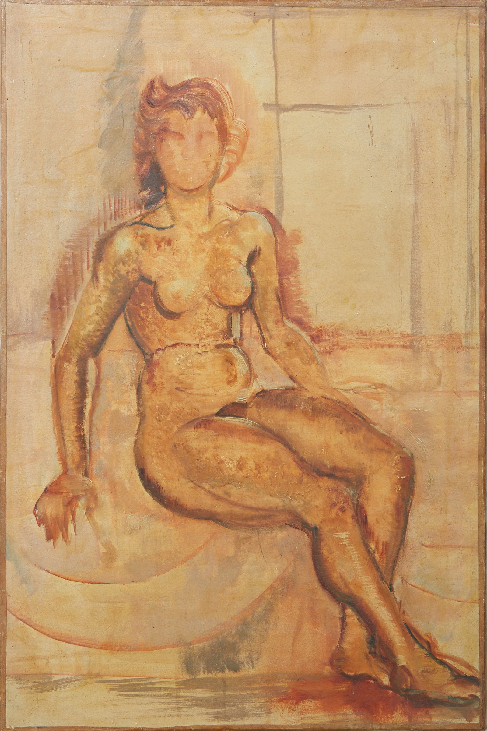 Attributed to Emile Friesz (French, 1879-1949), "Study of a Seated Nude Woman," H.- 22 in., W.- 16: Attributed to Emile Friesz (French, 1879-1949), "Study of a Seated Nude Woman," oil wash on paper laid down on canvas, unsigned, artist inscription/attribution on stretcher, unframed, H.- 22 in., W.- 