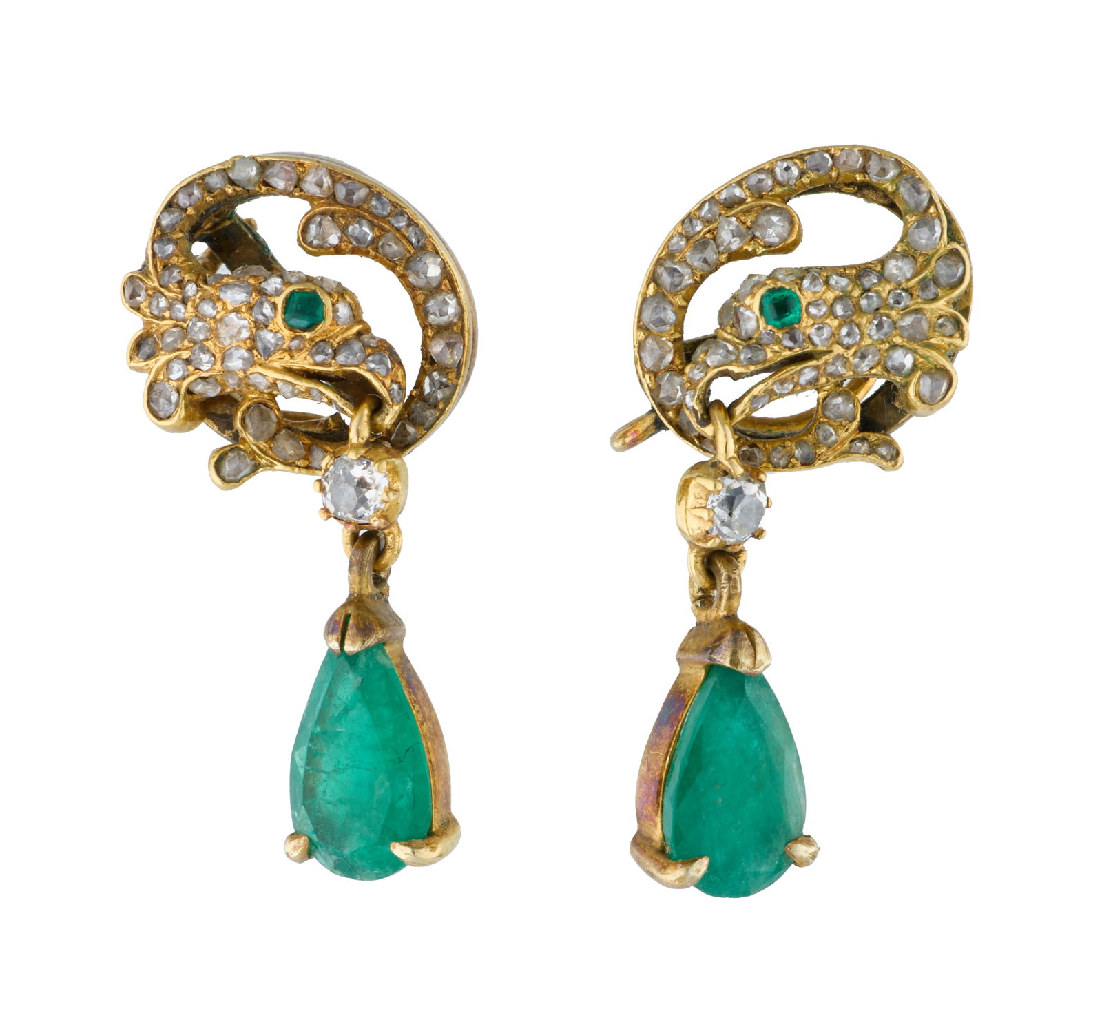 14K Yellow Gold Emerald and Diamond Eagle Pendant Earrings, 20th c., App. Total Wt.- 6.5 grams,: 14K Yellow Gold Emerald and Diamond Eagle Pendant Earrings, 20th c., each featuring an emerald eyed diamond mounted eagle head in a swirled diamond mounted surround, suspending a pear shaped emerald p