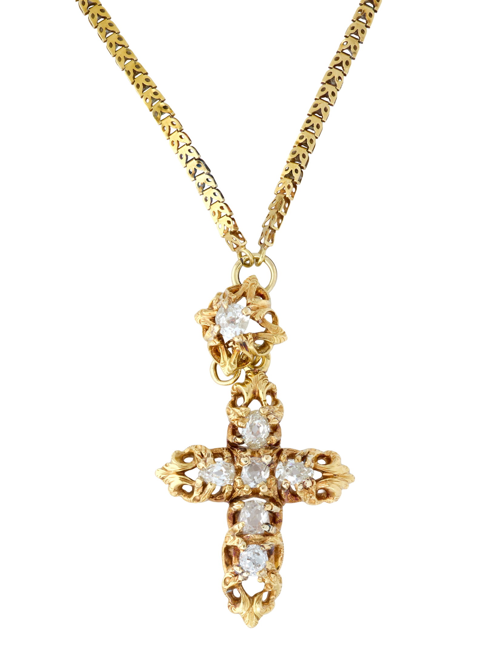 14K Yellow Gold Diamond Cross Pendant, App. Total Wt.-10.4 grams; Pendant- H.- 1 1/2 in. W.- 15/16: 14K Yellow Gold Diamond Cross Pendant, the openwork cross mounted with 5 round single cut diamonds, suspended on a diamond mounted openwork drop, on a 14K yellow gold chevron link chain with a tension