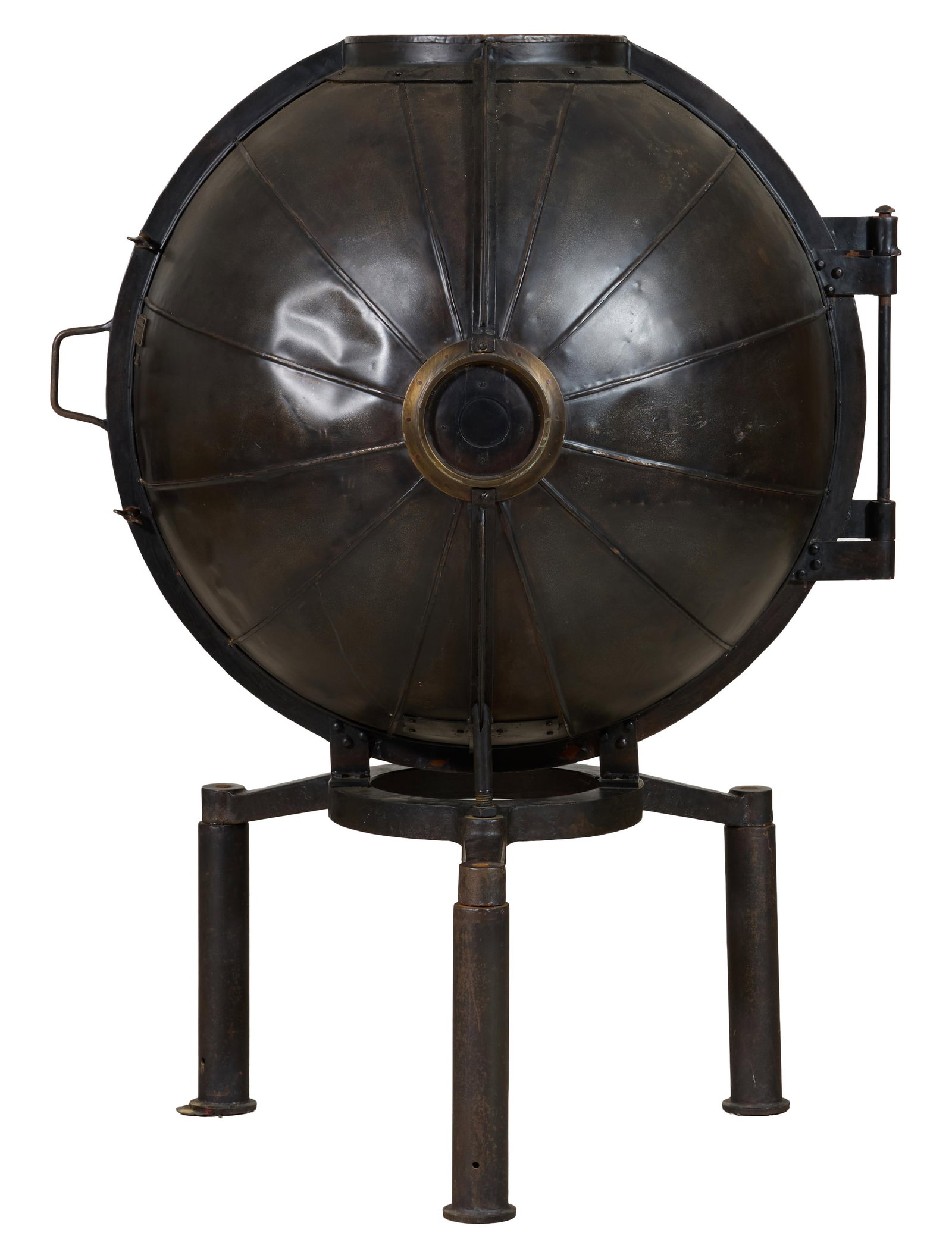 Restoration Hardware German Light Bulb Voltage Tester Bar, late 20th c., H.- 62 in., W.- 51 in., D.-: Restoration Hardware German Light Bulb Voltage Tester Bar, late 20th c., outfitted as a bar, hinged split spherical design, raised on tripod base, after original design from the 1920's, H.- 62 in., W.