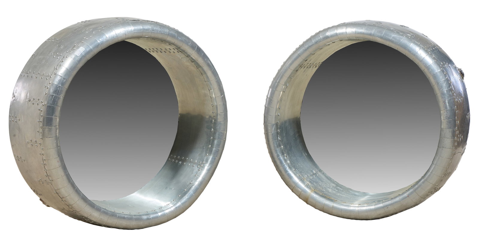Pair of Timothy Oulton Style Aviator Cowling Mirrors, 20th c, Each- Dia.- 32 in., D.- 12 1/2 in. (2: Pair of Timothy Oulton Style Aviator Cowling Mirrors, 20th c, inspired by jet engine cowlings, aluminum sheet clad deep round mirror surround, Each- Dia.- 32 in., D.- 12 1/2 in. (2 Pcs.)
