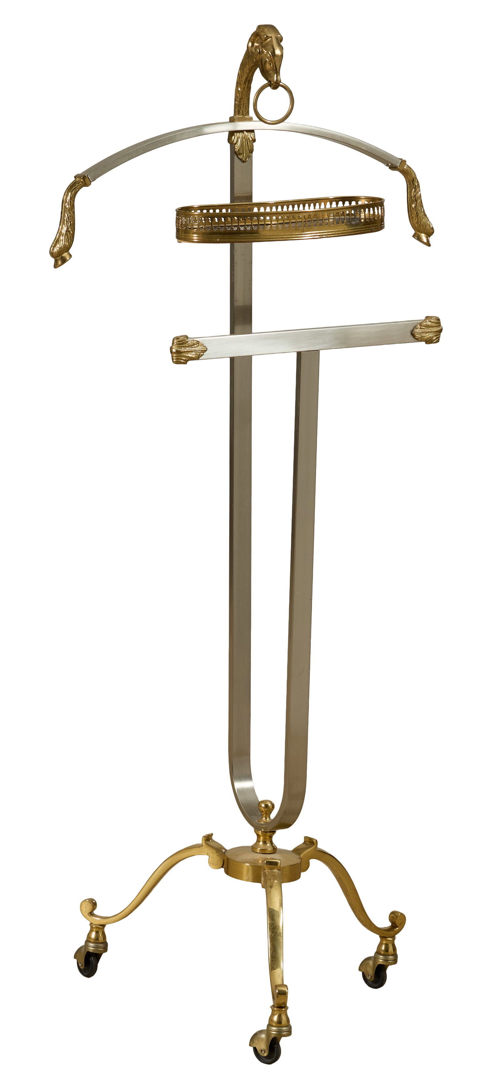 Maison Jansen Style Ram’s Head Italian Brass and Brushed Stainless Steel Valet Stand, 20th c., H.- (1 of 3)