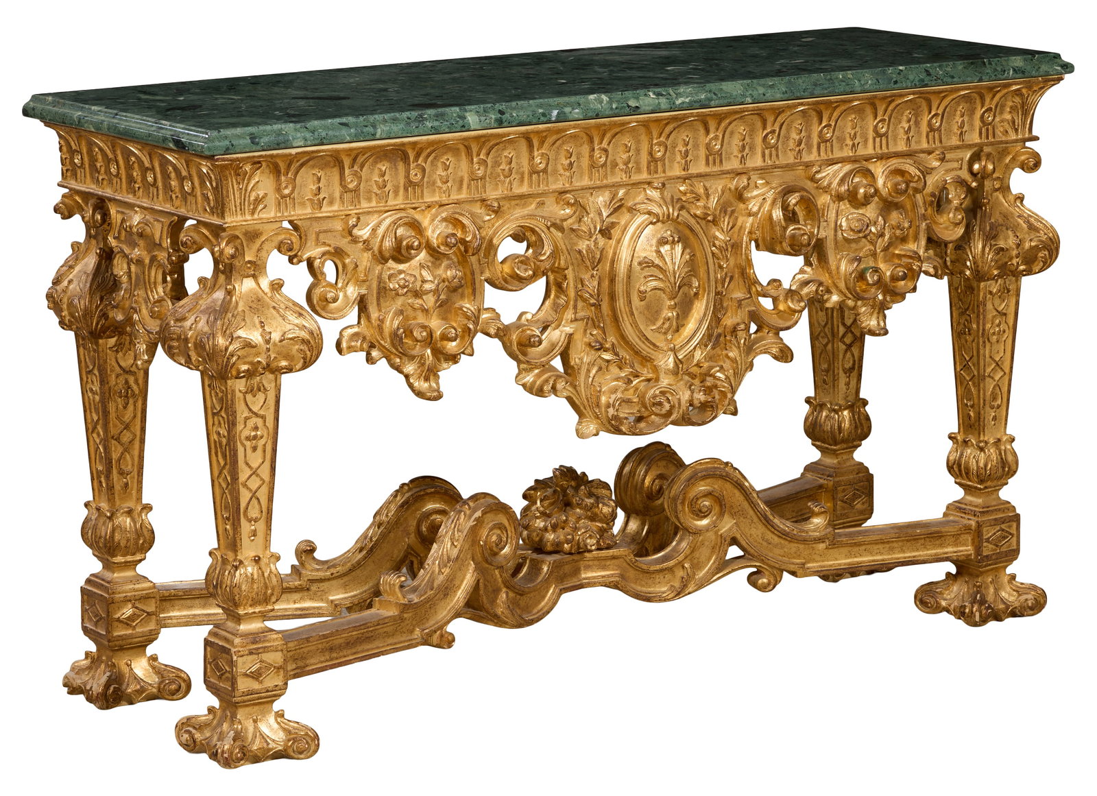 Exuberant Italian Style Marble Top Carved Giltwood Console, late 20th c., H.- 34 1/2 in., W.- 59 (1 of 2)