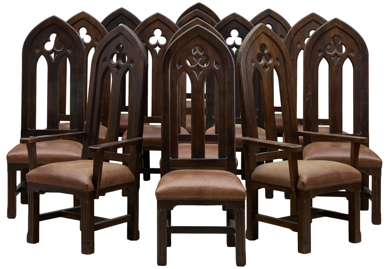 Set of Fourteen High Back Gothic Oak Upholstered Dining Chairs, early 20th c., Side- H.- 55 in., W.- (1 of 3)