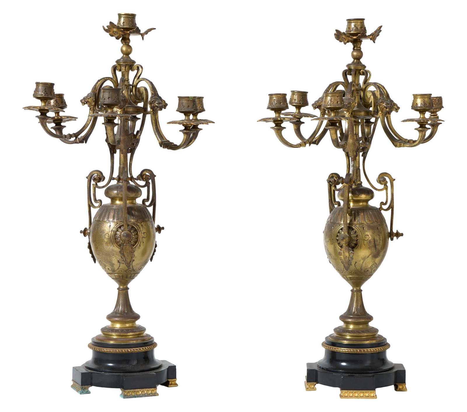 Pair of American Neo Greco Gilt Metal Candelabra, late 19th c., Each- H.- 23 1/8 in., Dia.- 12 in. (1 of 3)