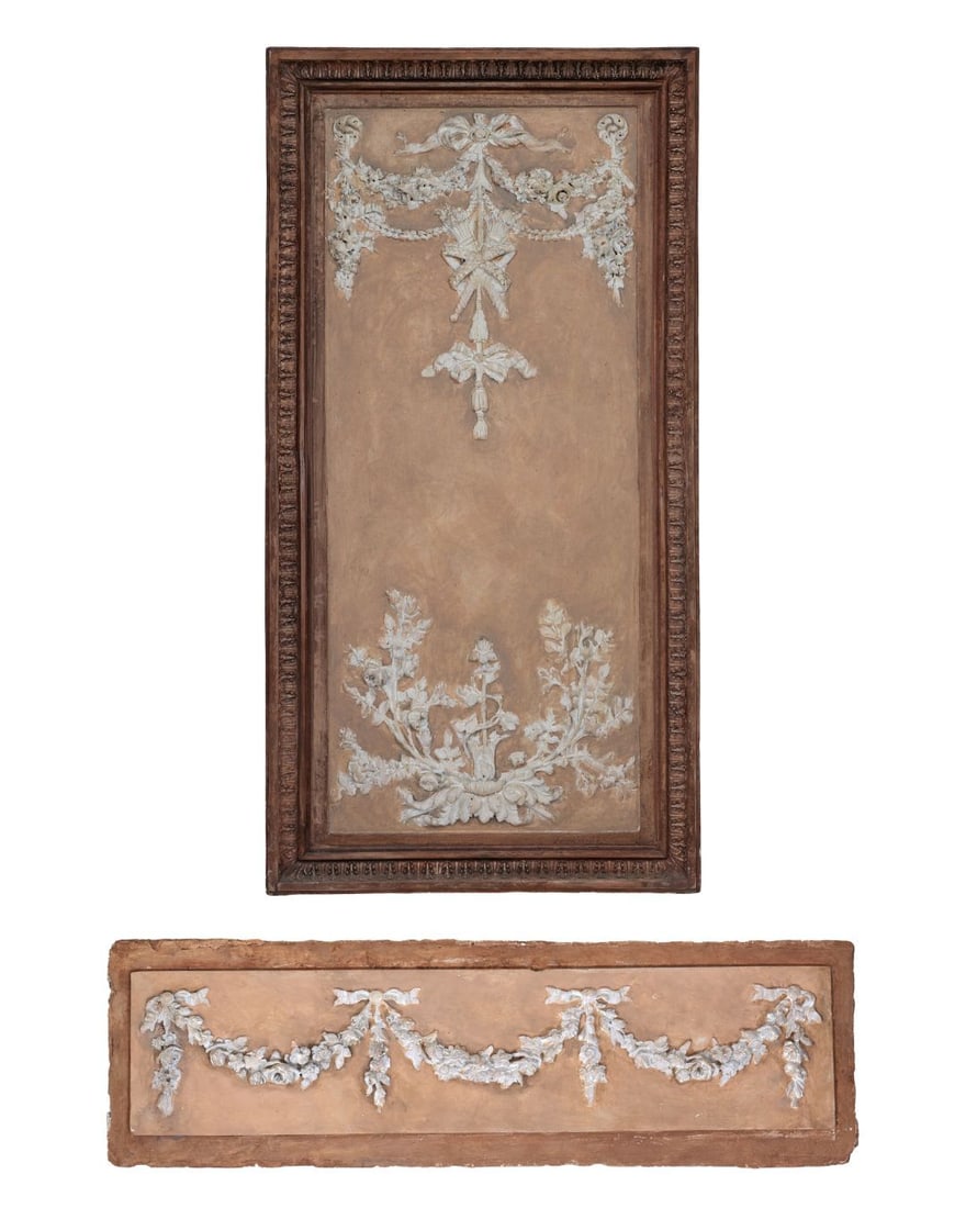 French Rouge Plaster Architectural Fragment, 19th/20th c., Larger- H.- 40 in., W.- 20 5/8 in., D.- 2: French Rouge Plaster Architectural Fragment, 19th/20th c., the horizontal period piece together with a framed associated vertical replica, Larger- H.- 40 in., W.- 20 5/8 in., D.- 2 1/4 in.; Smaller- H